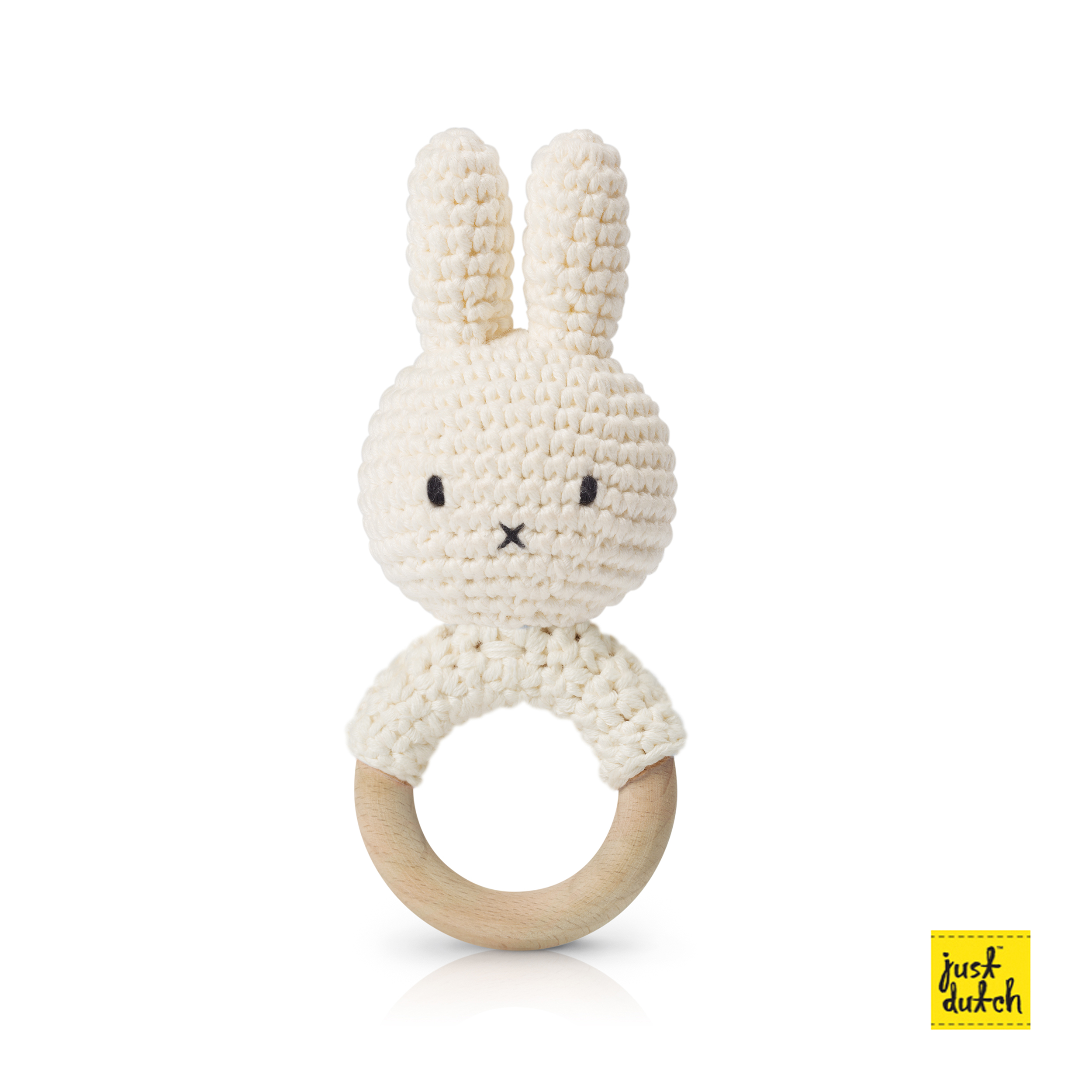 Hochet Miffy blanc au crochet fait main – Just Dutch – pour bébé dès la naissance