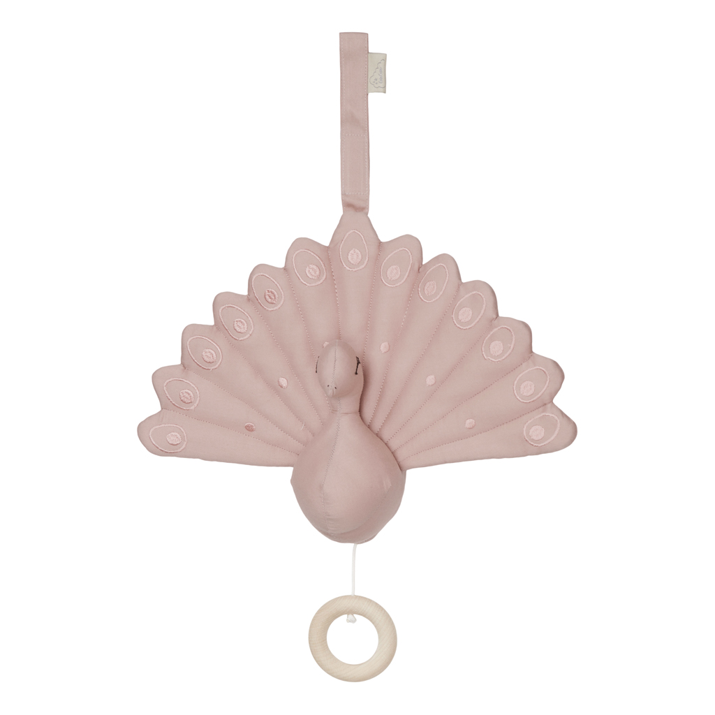 Mobile musical paon bebe Cam Cam Copenhagen en coton bio rose poudré