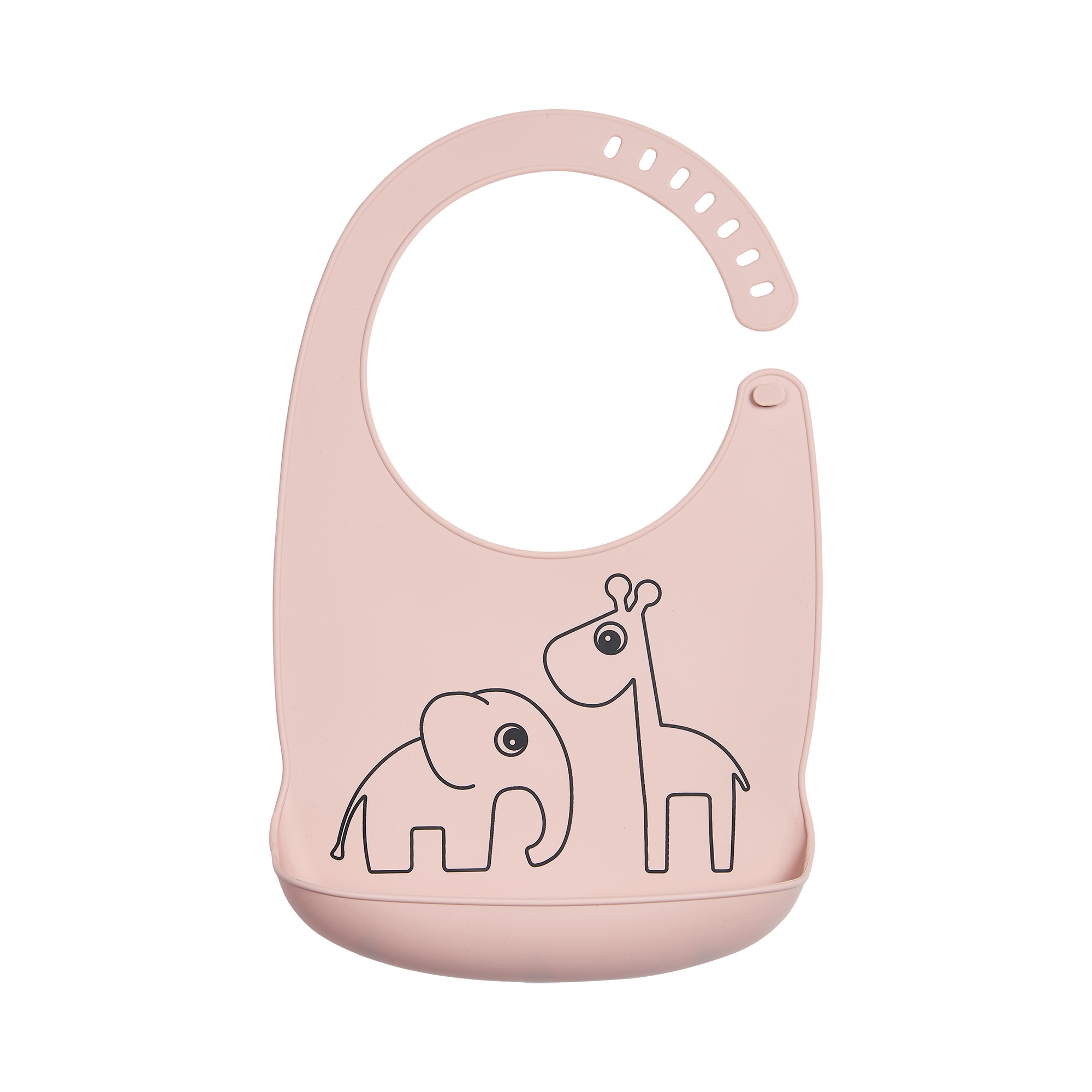 Bavoir en silicone rose Deer Friends avec poche et motifs éléphant et girafe.