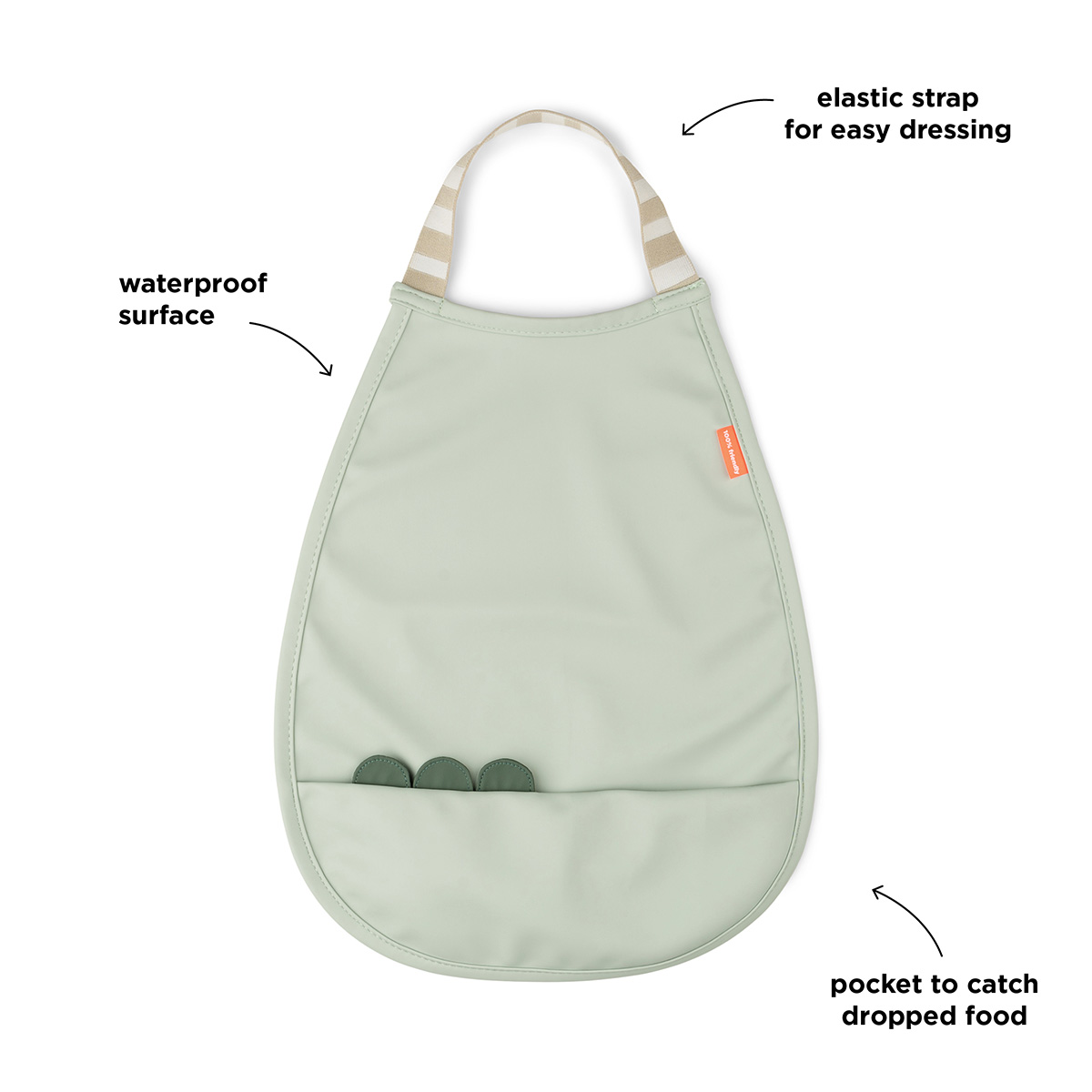 Bavoir élastique vert Croco Done by Deer avec surface imperméable et poche récupératrice.