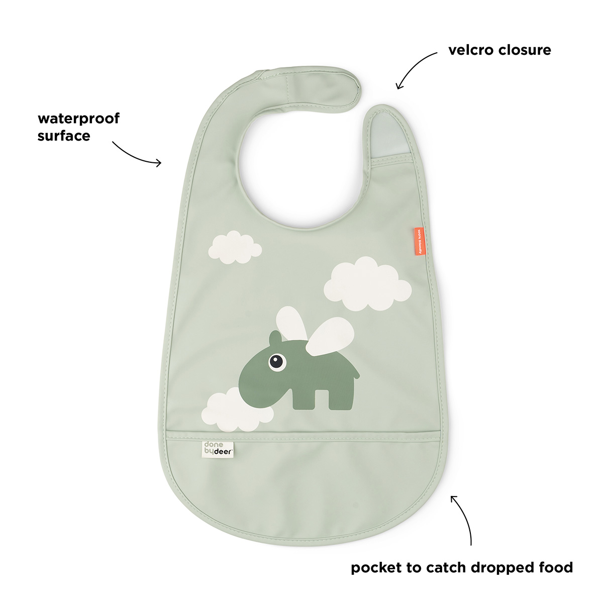 Bavoir imperméable vert Done by Deer illustré avec flèches explicatives indiquant la fermeture scratch, la surface imperméable et la poche récupératrice. Motif éléphant et nuages blancs Happy Clouds.