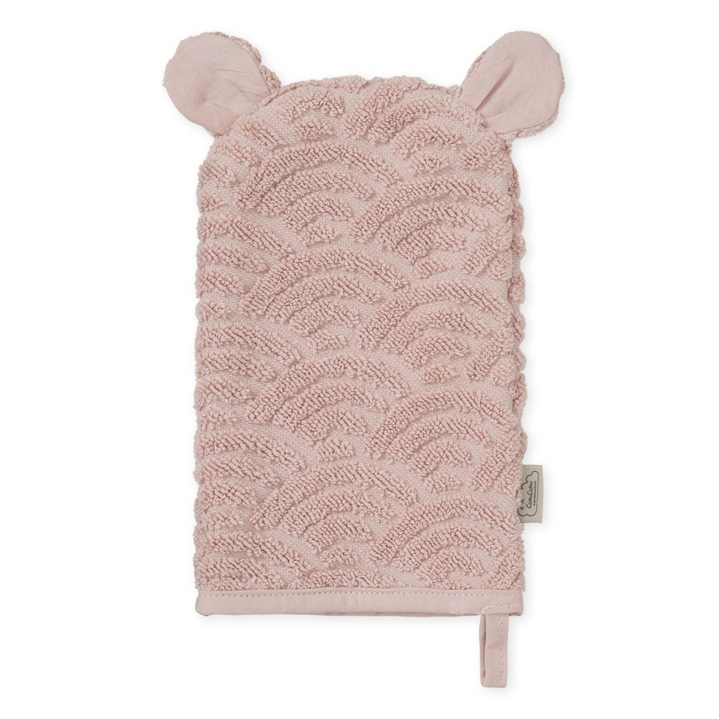 Gant de toilette bébé rose poudré en coton bio Cam Cam avec motif ondulé et oreilles.