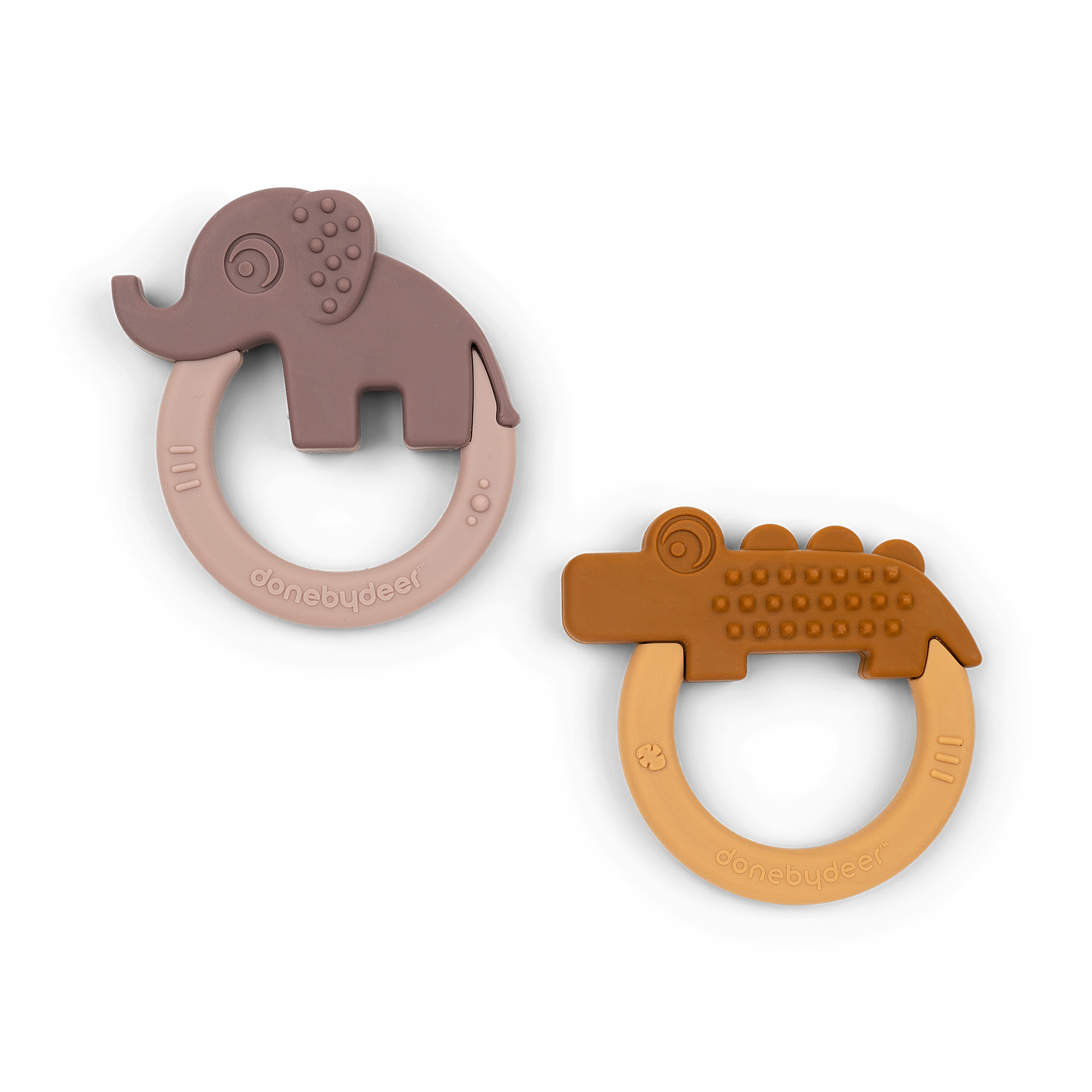 Set de 2 anneaux de dentition Done by Deer en silicone souple – éléphant rose et crocodile moutarde