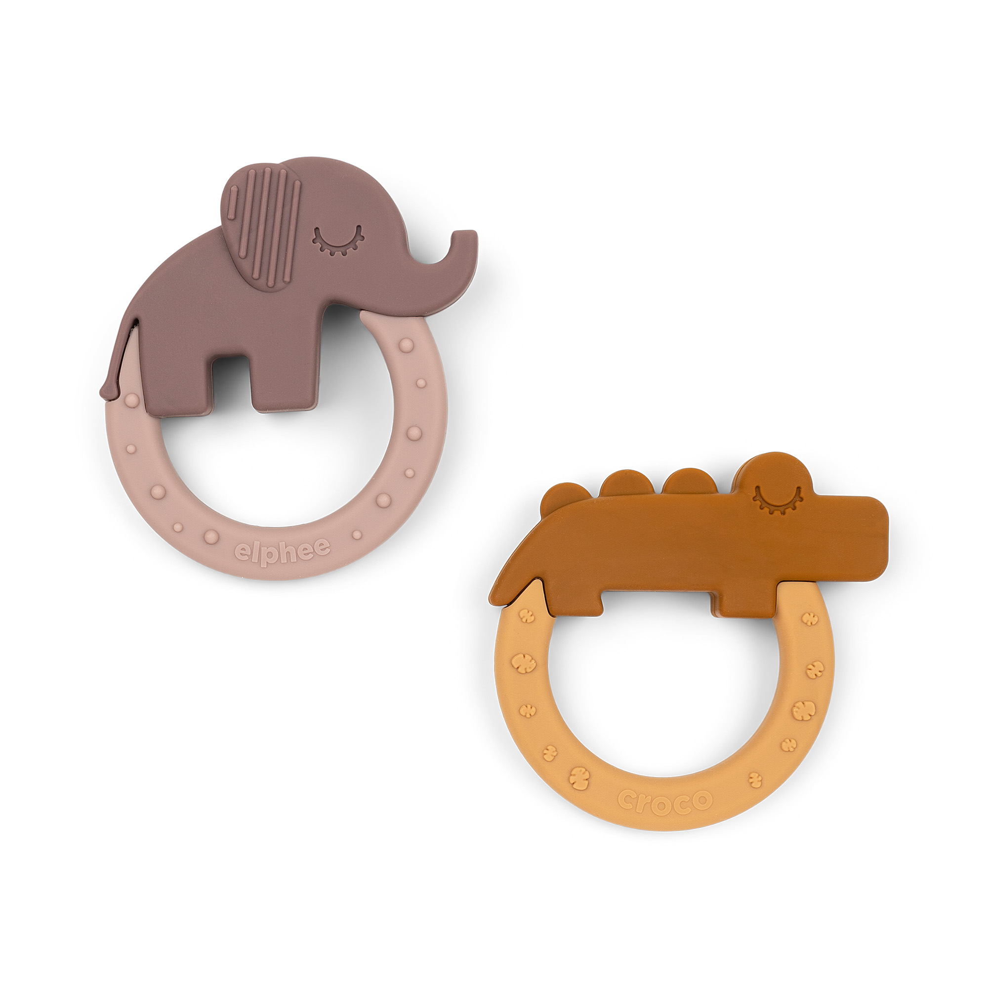 Set de deux anneaux de dentition en silicone Done by Deer – crocodile moutarde et éléphant rose tournés vers la droite