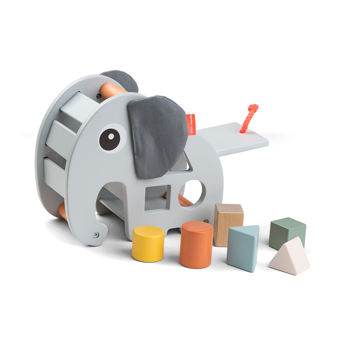 Jeu à encastrer Elphée Done by Deer en bois avec formes géométriques pastel.