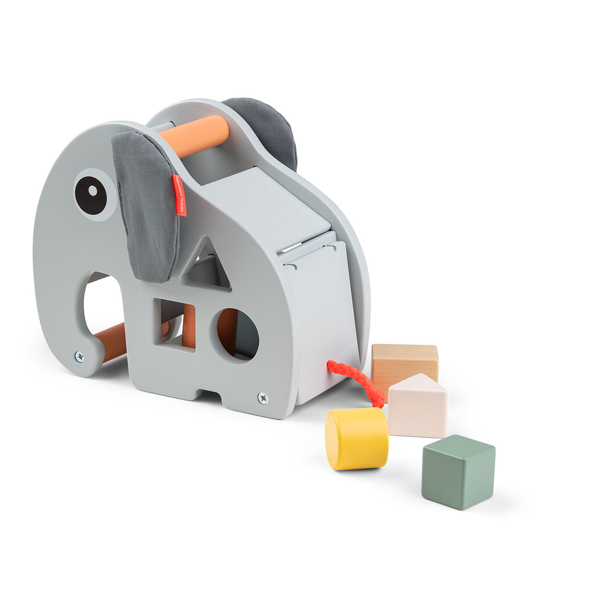 Jeu à encastrer Elphée en bois gris avec formes géométriques pastel.