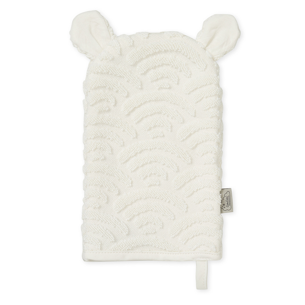 Gant de toilette bébé en coton bio blanc Cam Cam avec motif jacquard et oreilles.