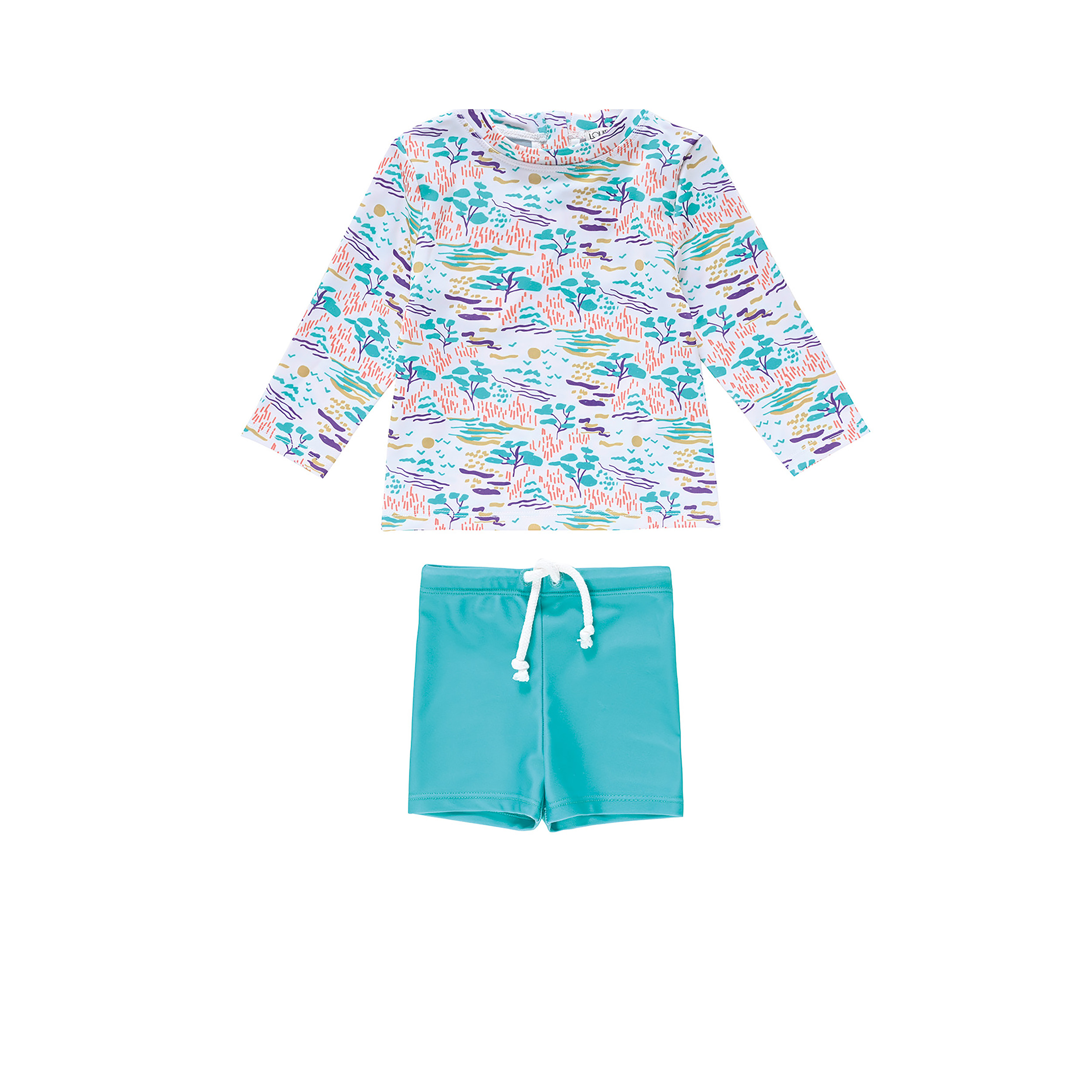 ensemble maillot anti UV bébé garçon Louise Misha avec haut imprimé pastel et short bleu vert