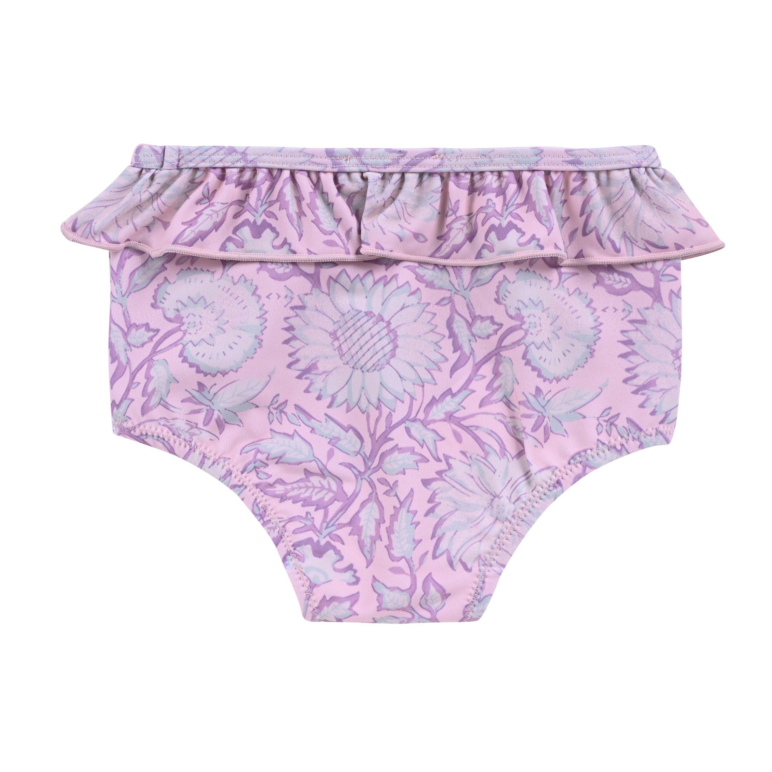 Dos du bas de maillot anti-UV pour bébé fille à fleurs rose et volant – Louise Misha