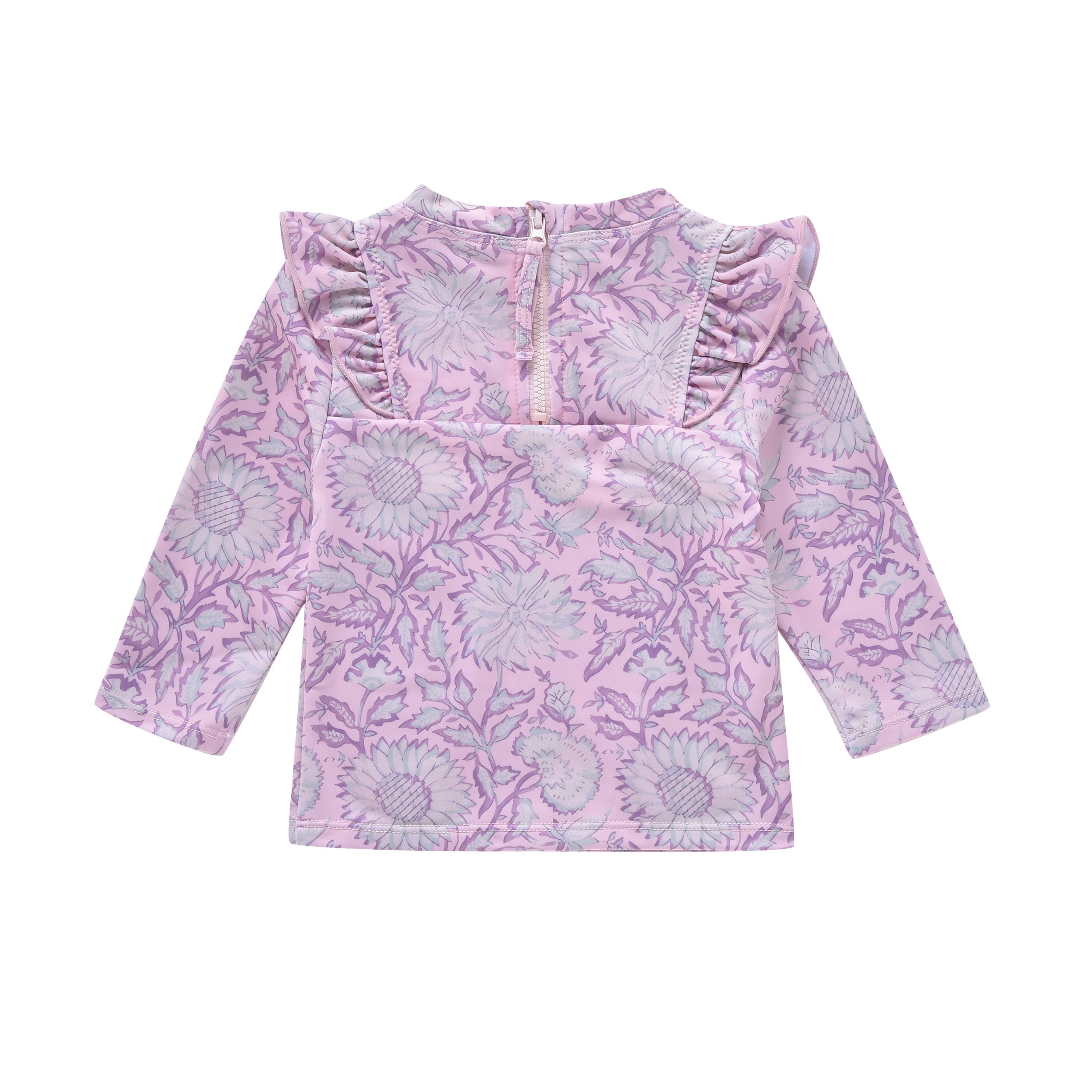 Vue dos du haut de maillot anti-UV bébé fille à fleurs roses avec fermeture zippée – Louise Misha