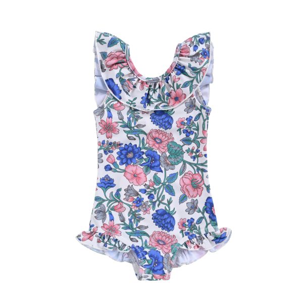 Maillot de bain bébé fille une pièce bleu imprimé fleuri, vue de face