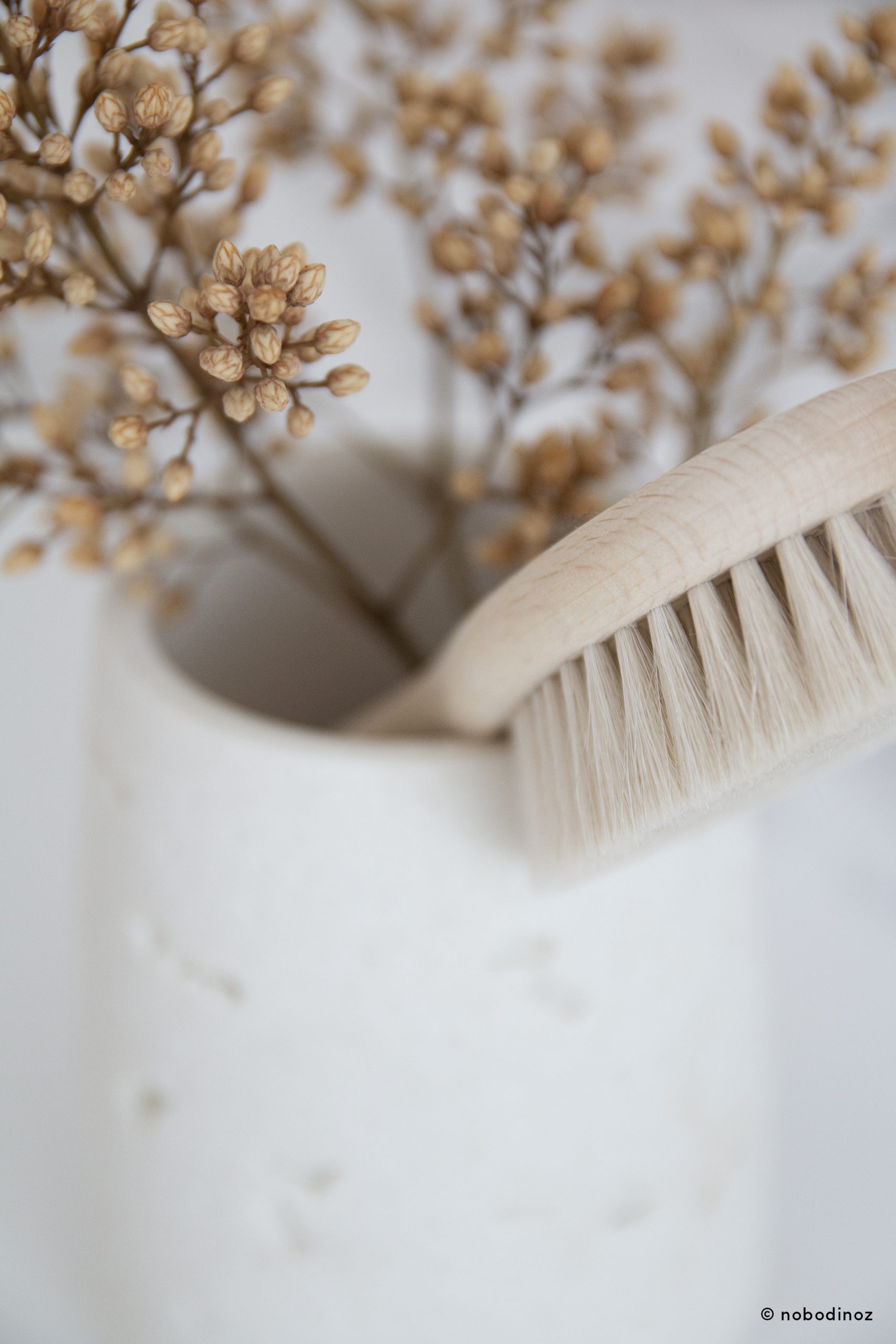 Gros plan sur les poils naturels de la brosse bébé Nobodinoz dans un pot décoratif.