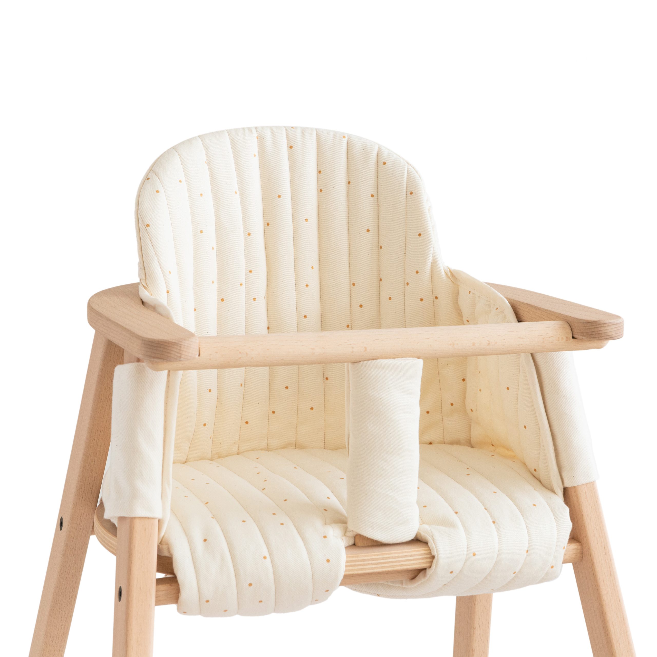 Coussin pour chaise haute Nobodinoz Growing Green Natural en coton bio, vue de face sur fond blanc.