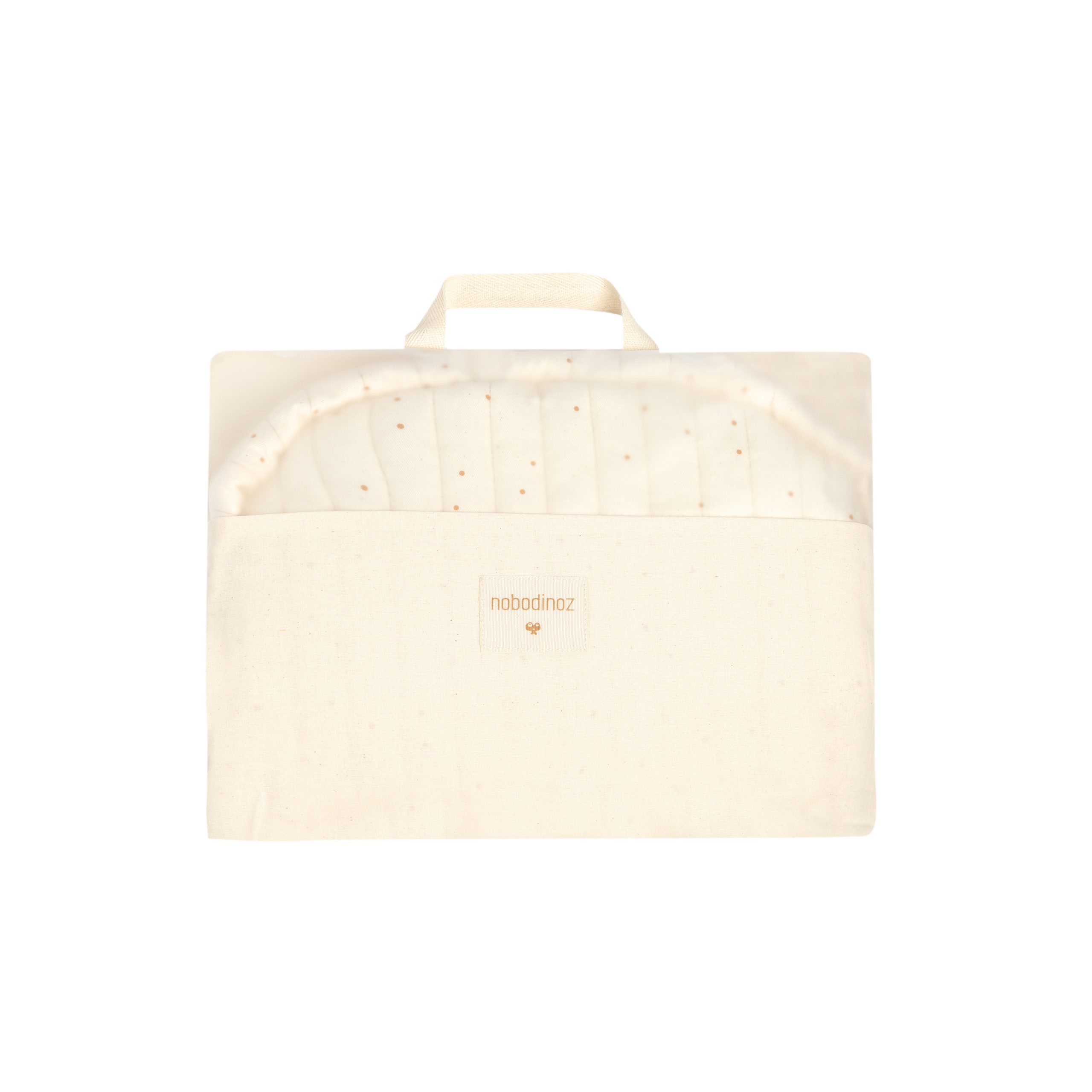 Housse de rangement contenant le coussin pour chaise haute Nobodinoz Growing Green en coton bio Natural.