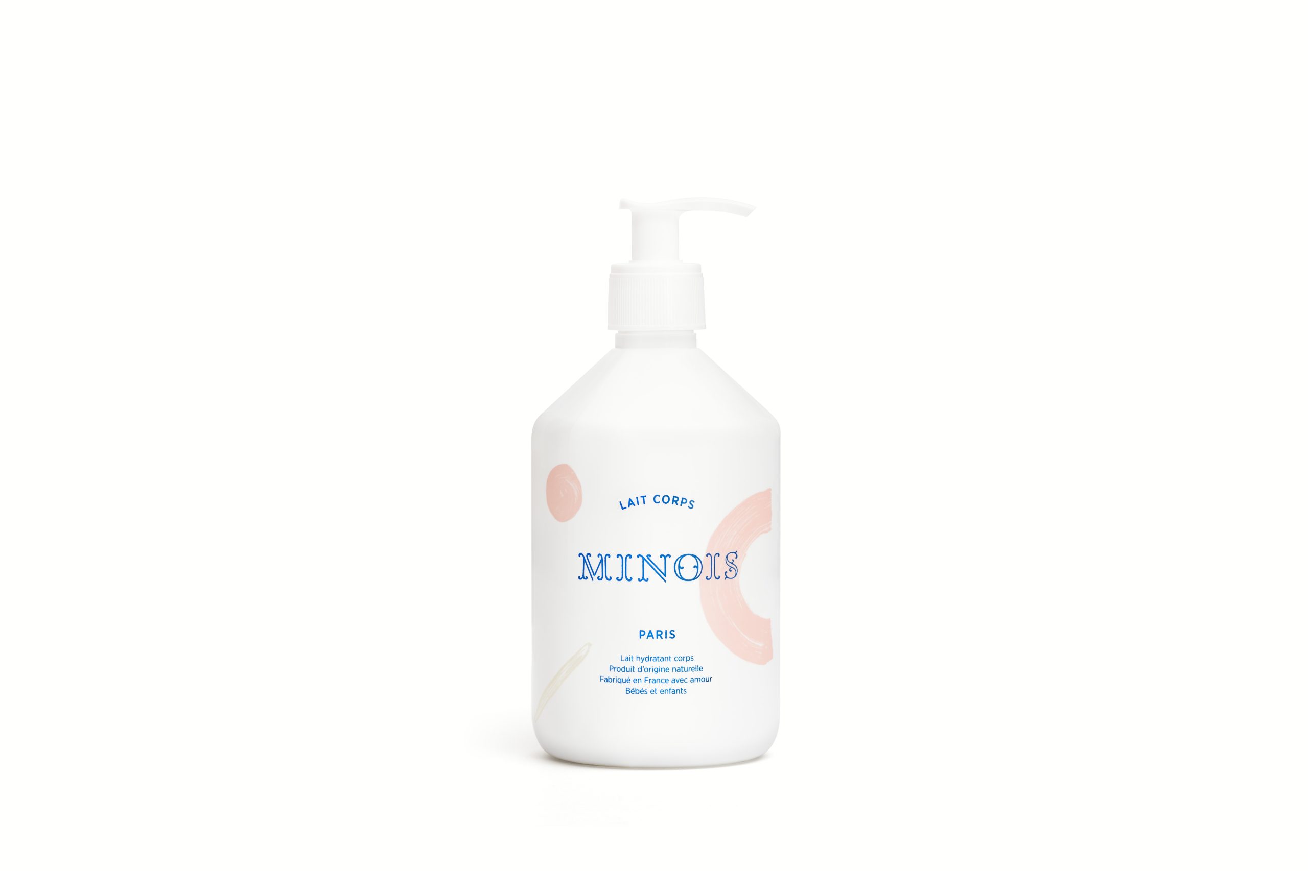 Flacon lait hydratant bébé Minois Paris 500 ml sur fond blanc.