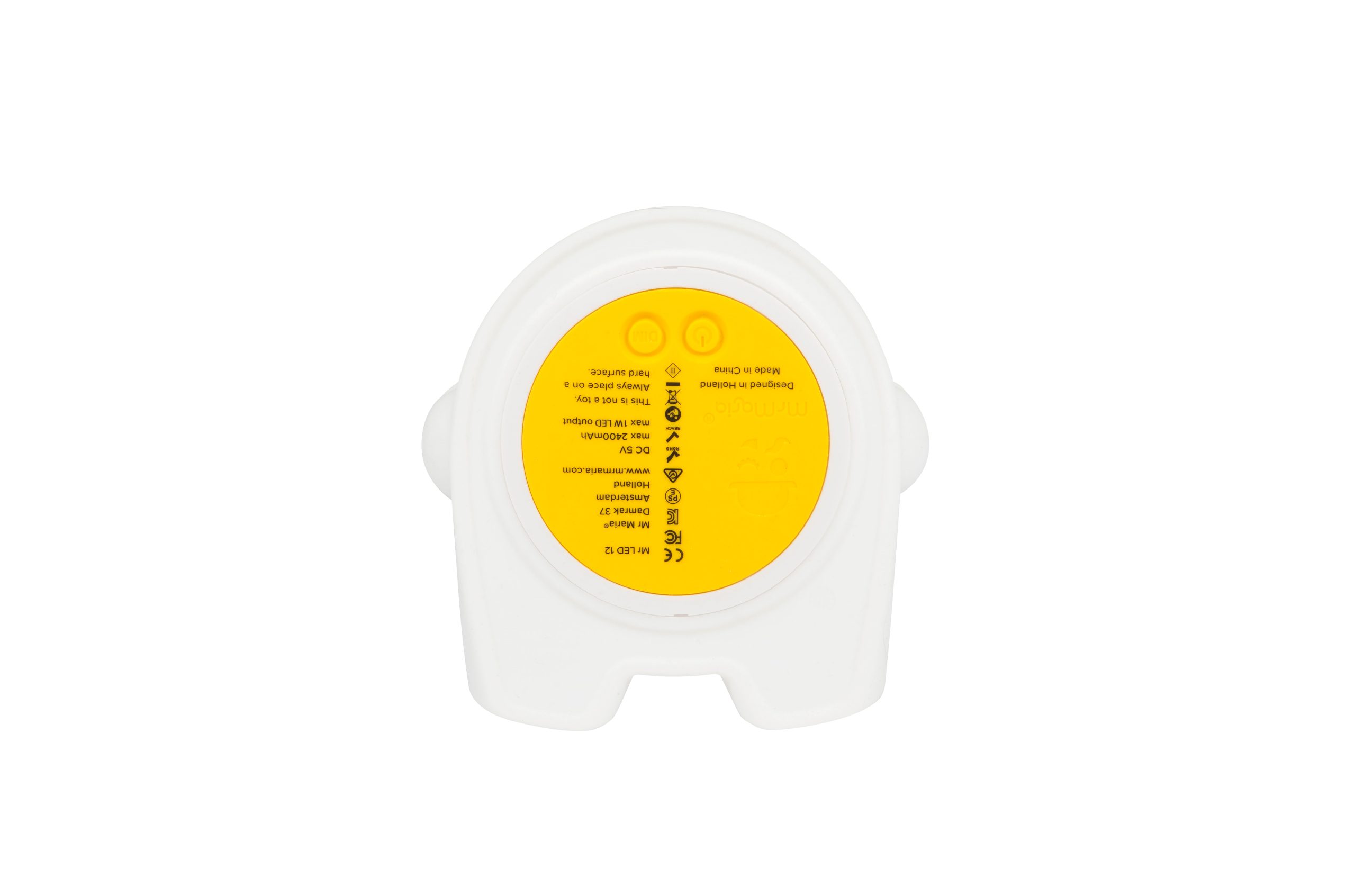 Vue de dessous de la veilleuse Miffy petit modèle avec boutons et marquages techniques