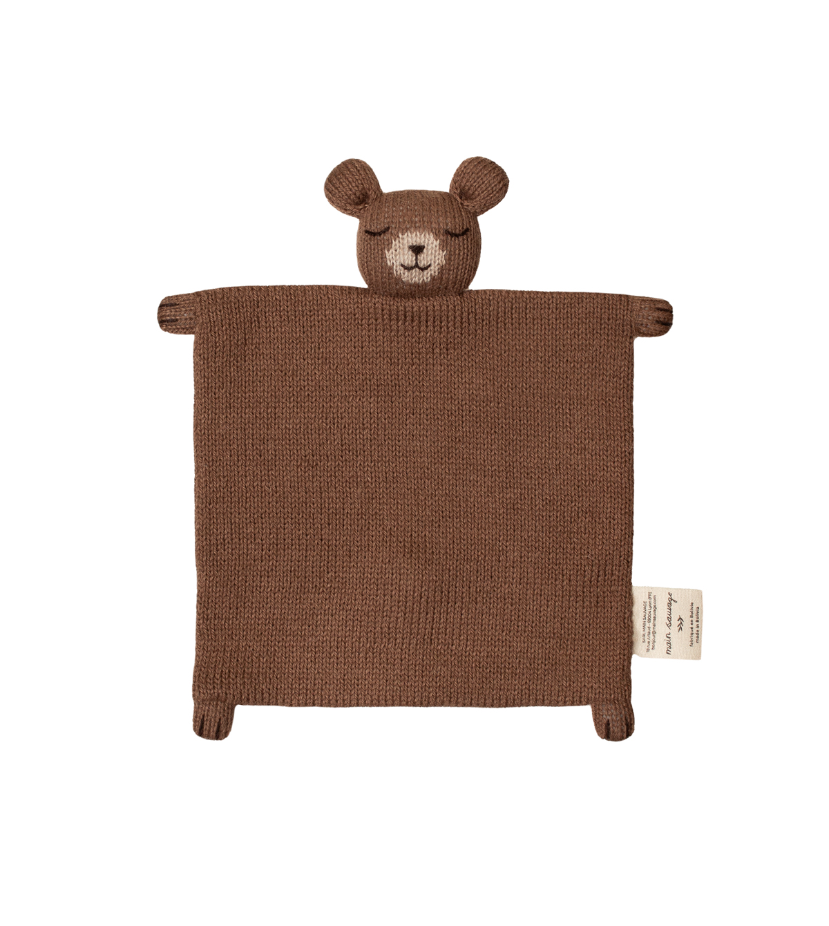 Doudou plat Ourson tricoté en laine d’alpaga coloris noisette – Main Sauvage – dès la naissance