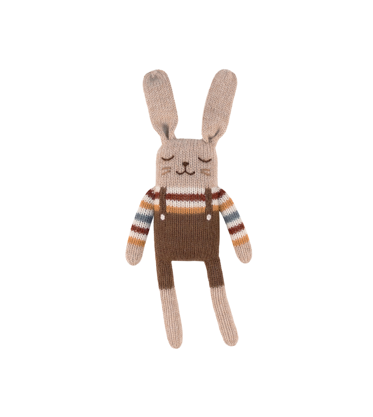 Doudou Lapin brun en salopette avec pull arc-en-ciel en laine d’alpaga – Main Sauvage – tricoté main – dès la naissance