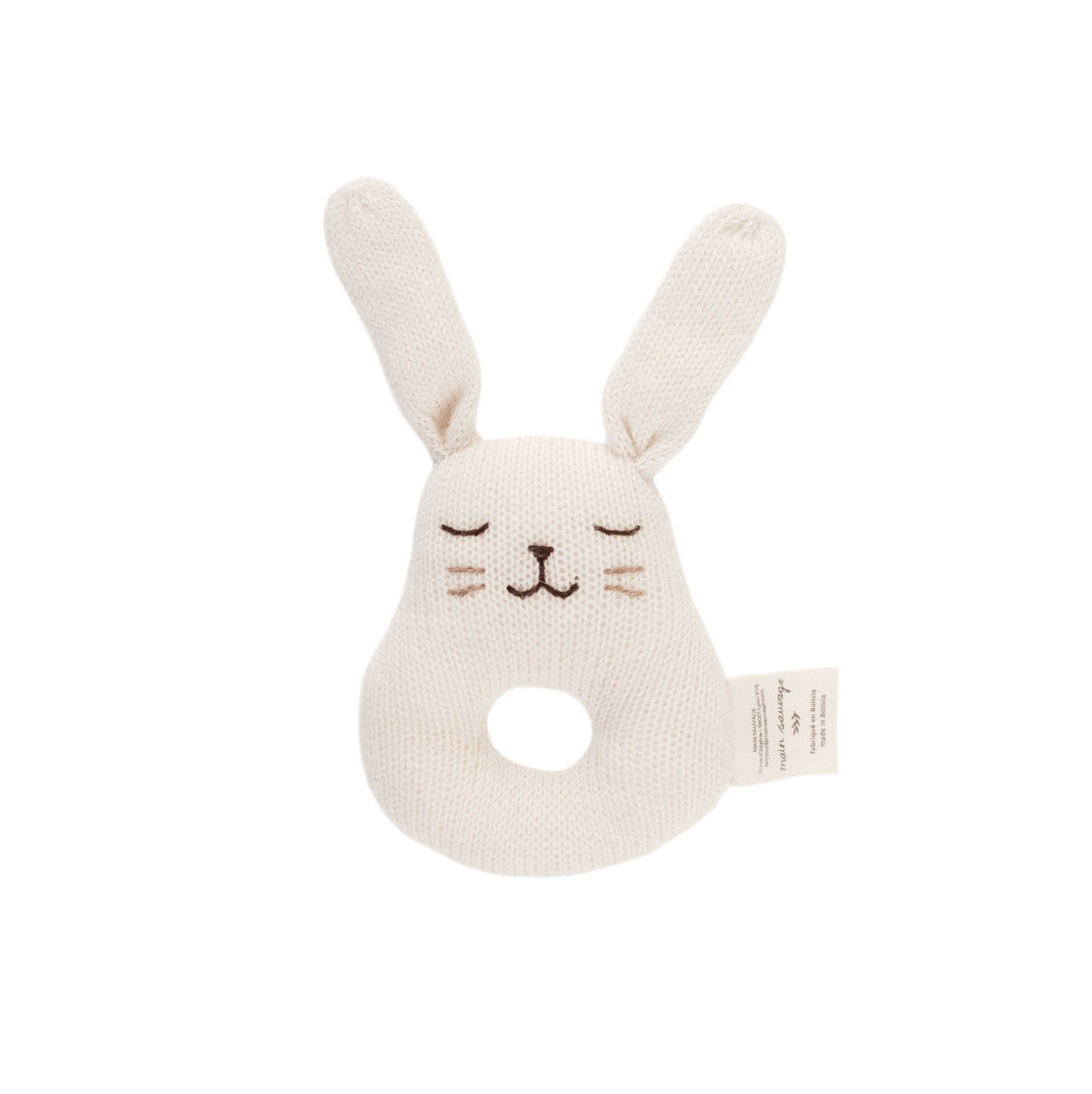 Hochet en laine pour bébé écru en forme de lapin avec oreilles longues – Main Sauvage