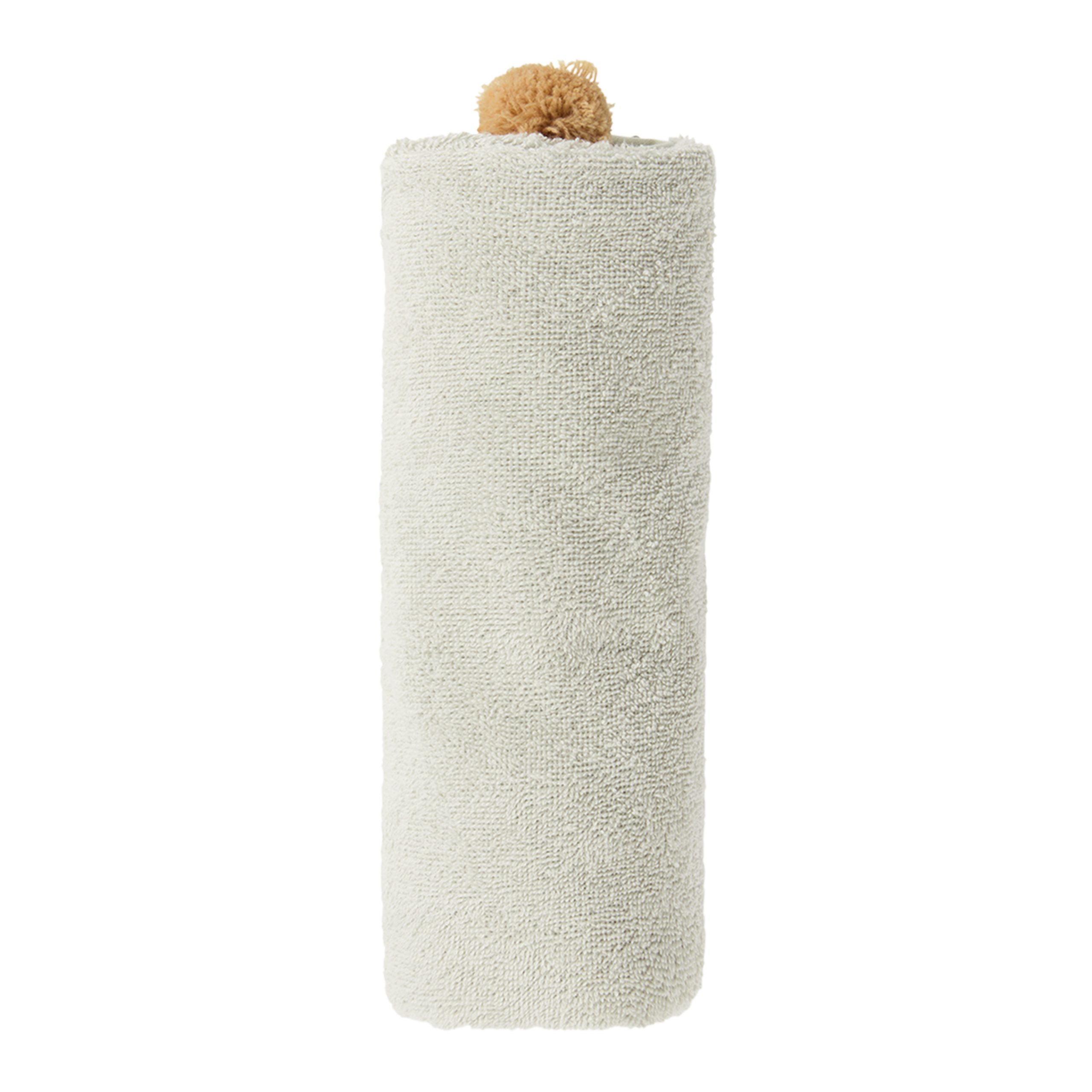 Cape de bain Nobodinoz bébé vert sauge roulée avec pompon moutarde, modèle So Cute en coton bio