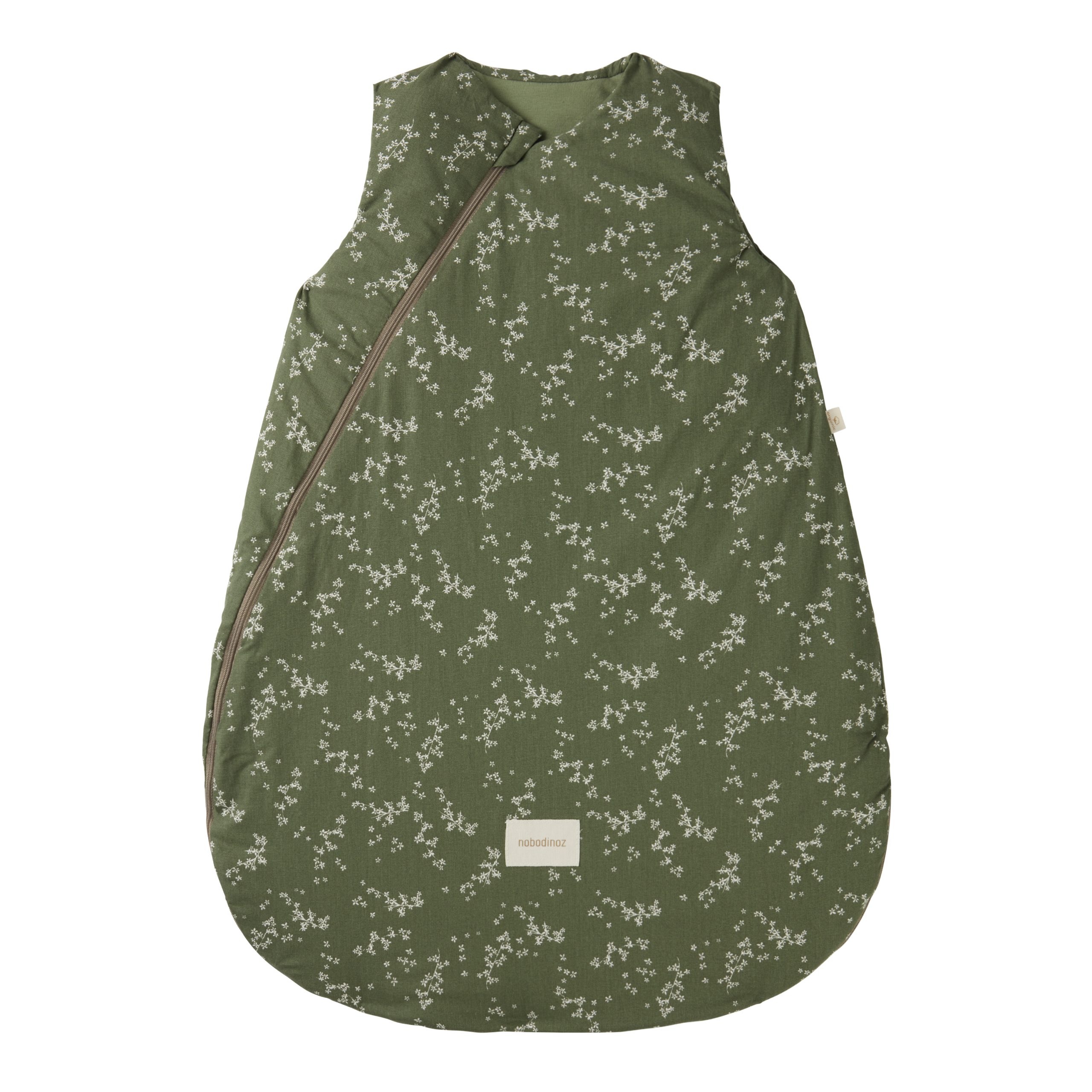 Gigoteuse Nobodinoz verte en coton bio avec motif fleuri – collection Cocoon.