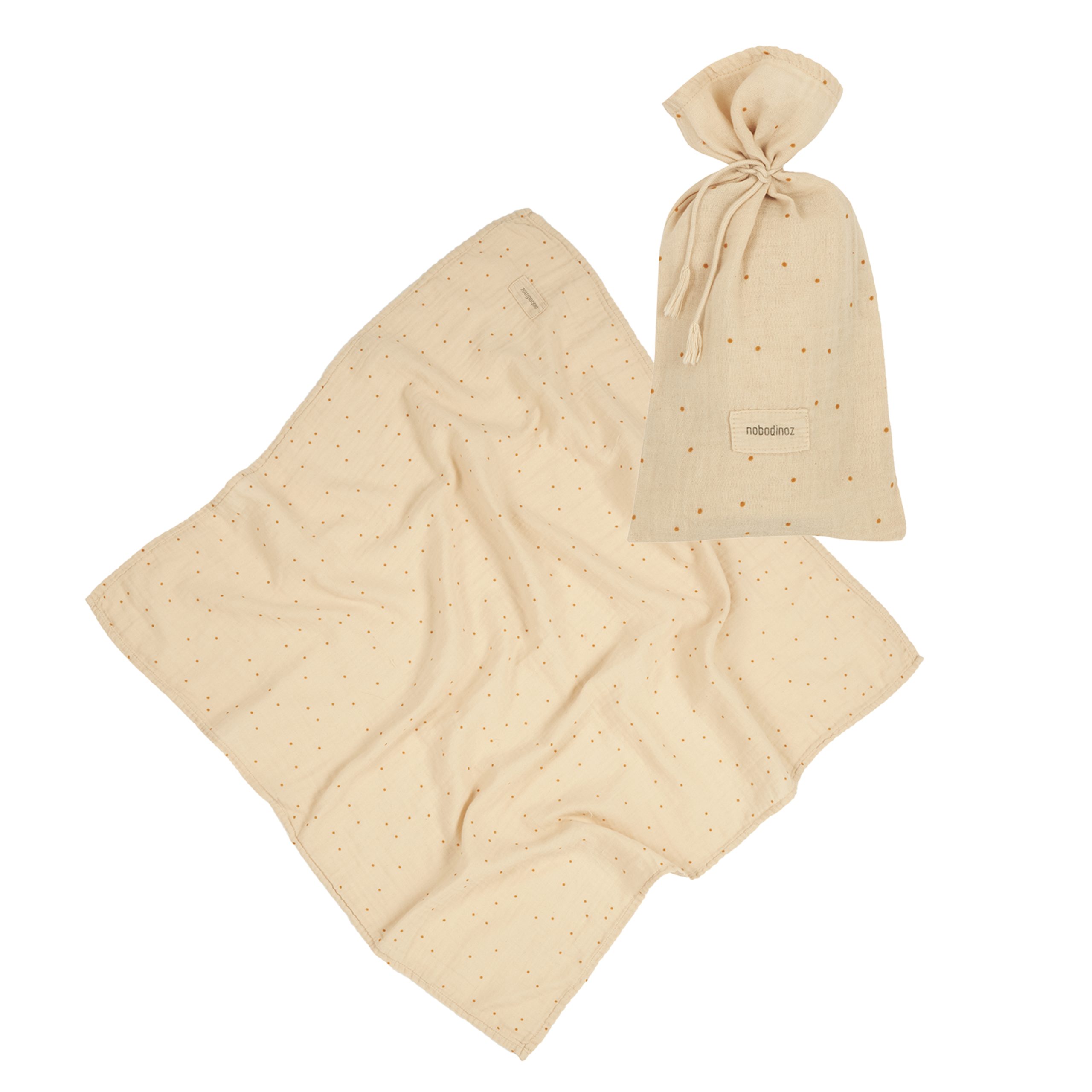 Lange bébé Wabi-Sabi Ginger Nobodinoz avec pochon en coton bio – double gaze douce et respirante.