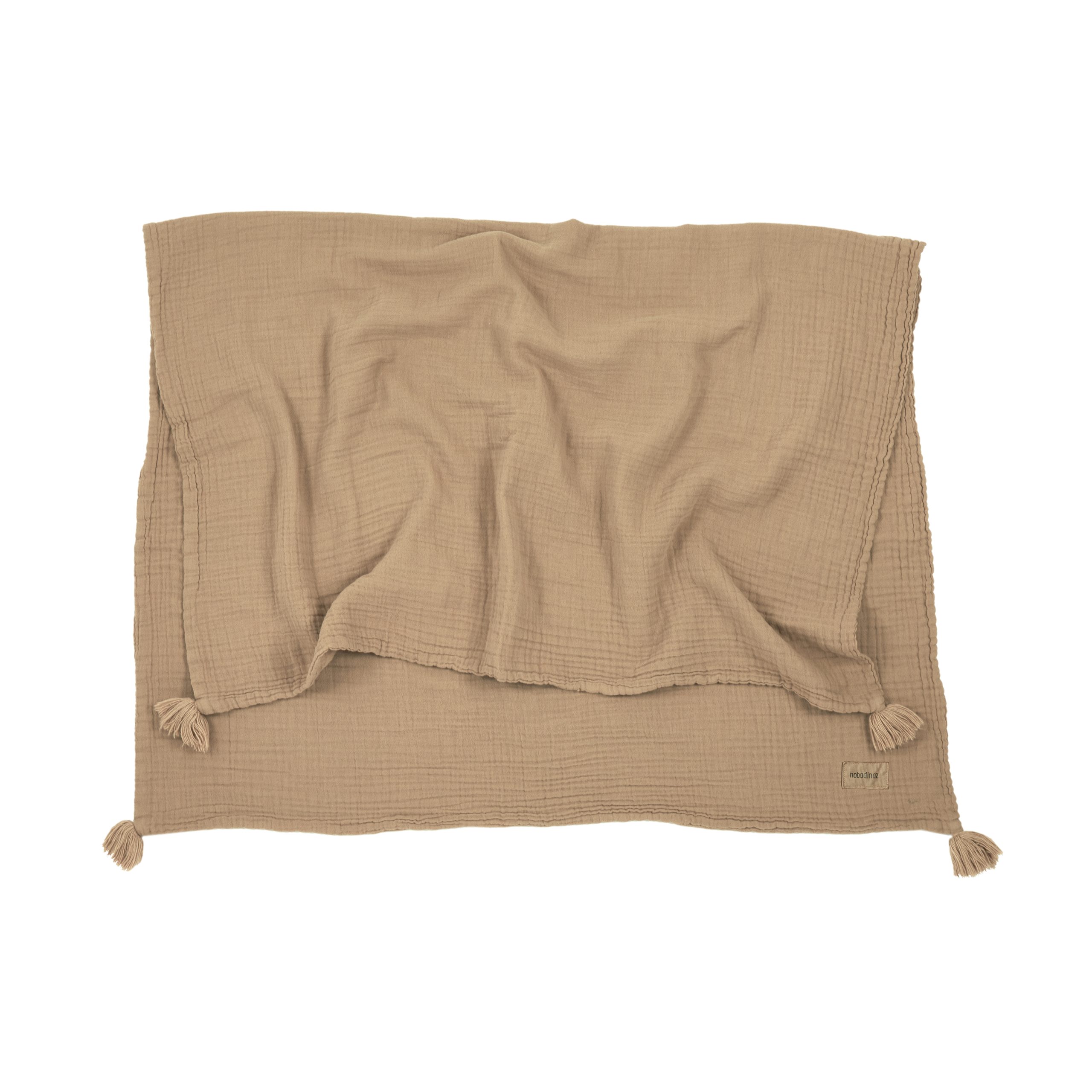 Couverture bebe Nobodinoz marron Sésame dépliée en coton bio.