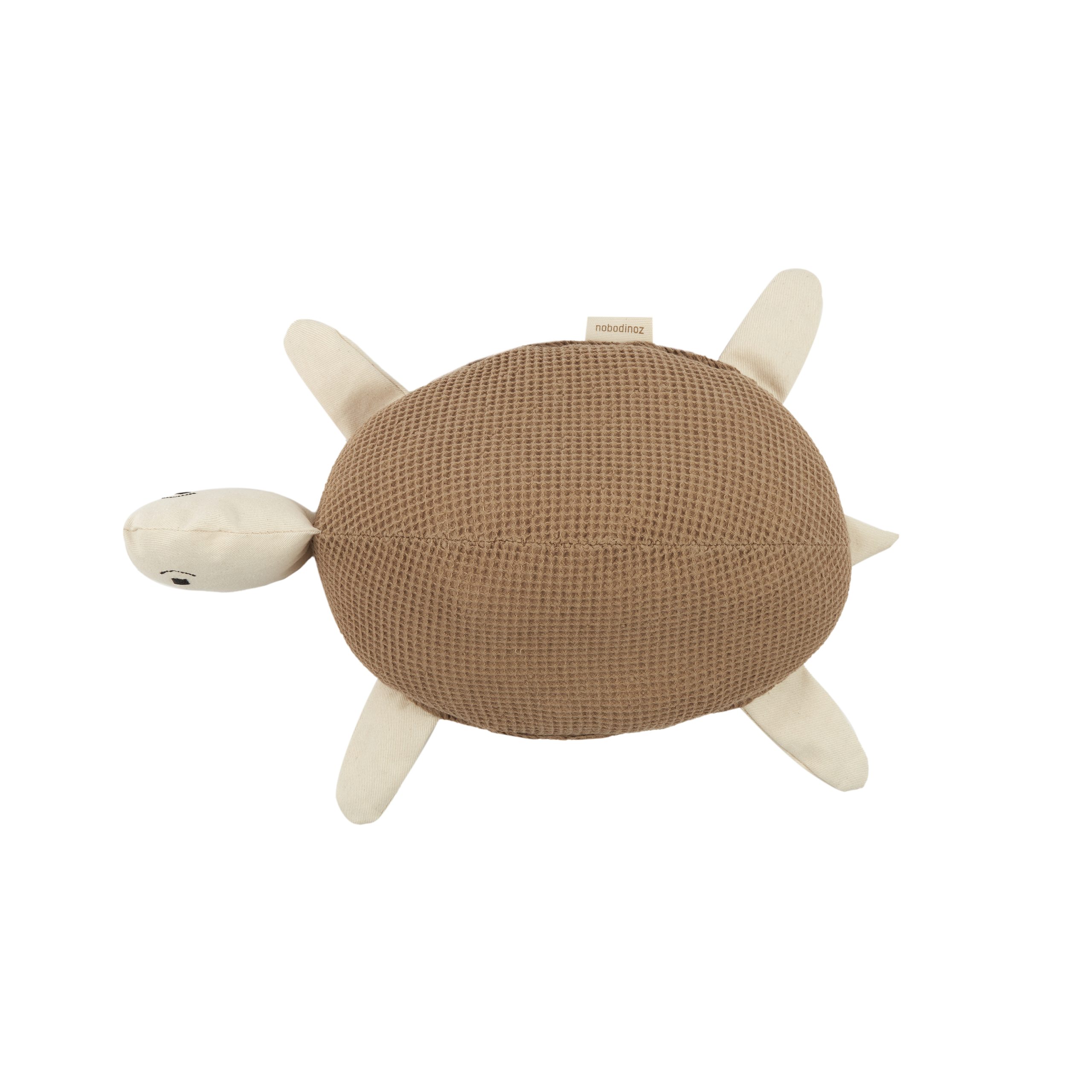 Vue de dessus du coussin tortue Nobodinoz en coton bio brun.