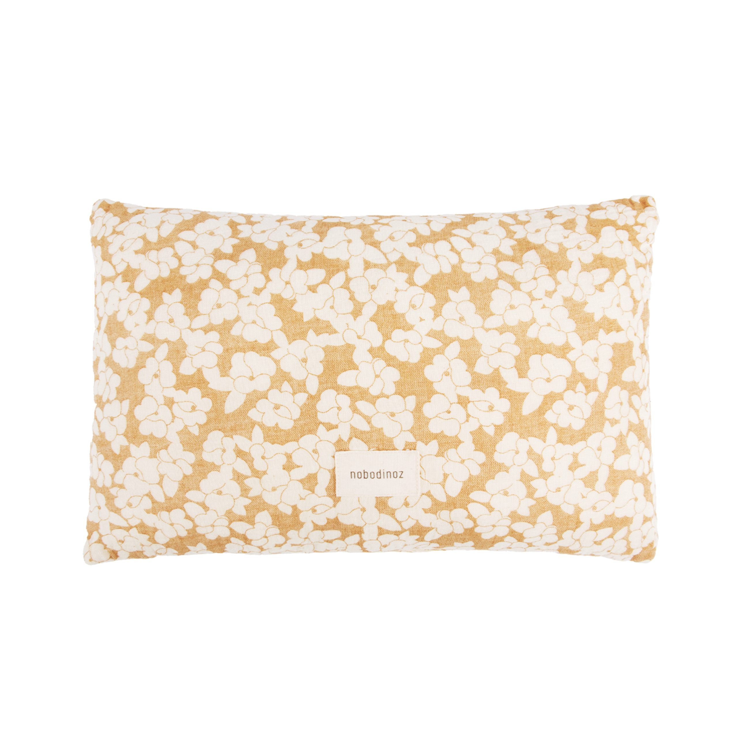 Coussin bébé rectangulaire motif floral Nobodinoz Golden Brown Sakura en coton bio.