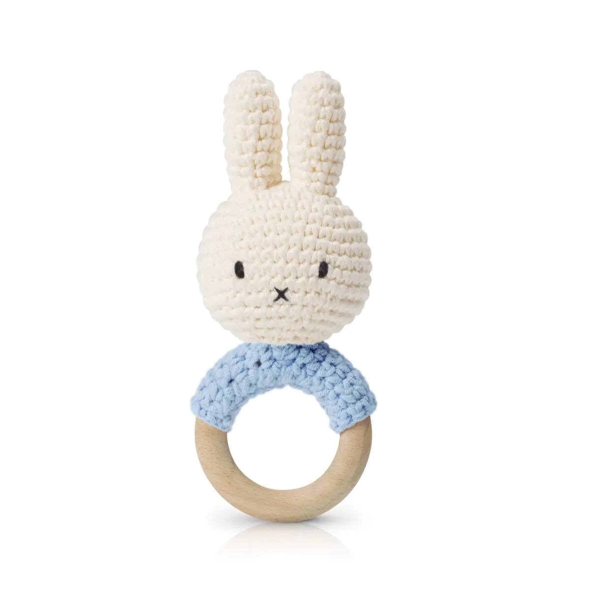 Hochet pour bébé Miffy bleu pastel Just Dutch en crochet de coton avec anneau en bois
