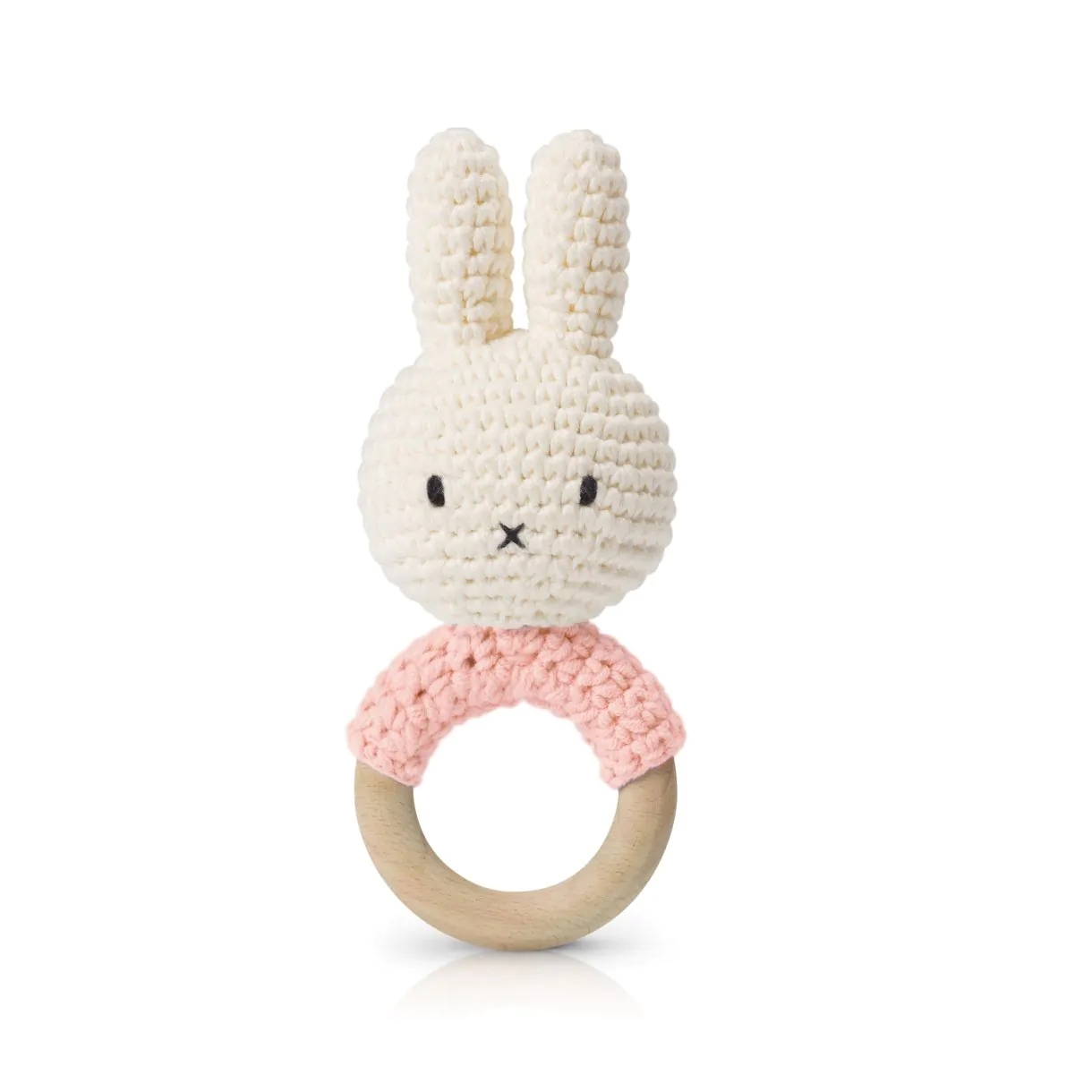 Jouet bébé 1 mois hochet anneau de dentition Miffy rose pastel Just Dutch en crochet de coton et bois