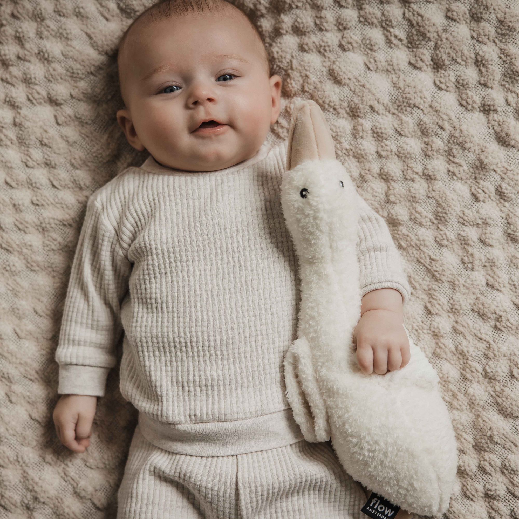 Bébé tenant l’oie bruit blanc Flow Amsterdam, peluche apaisante et douce.
