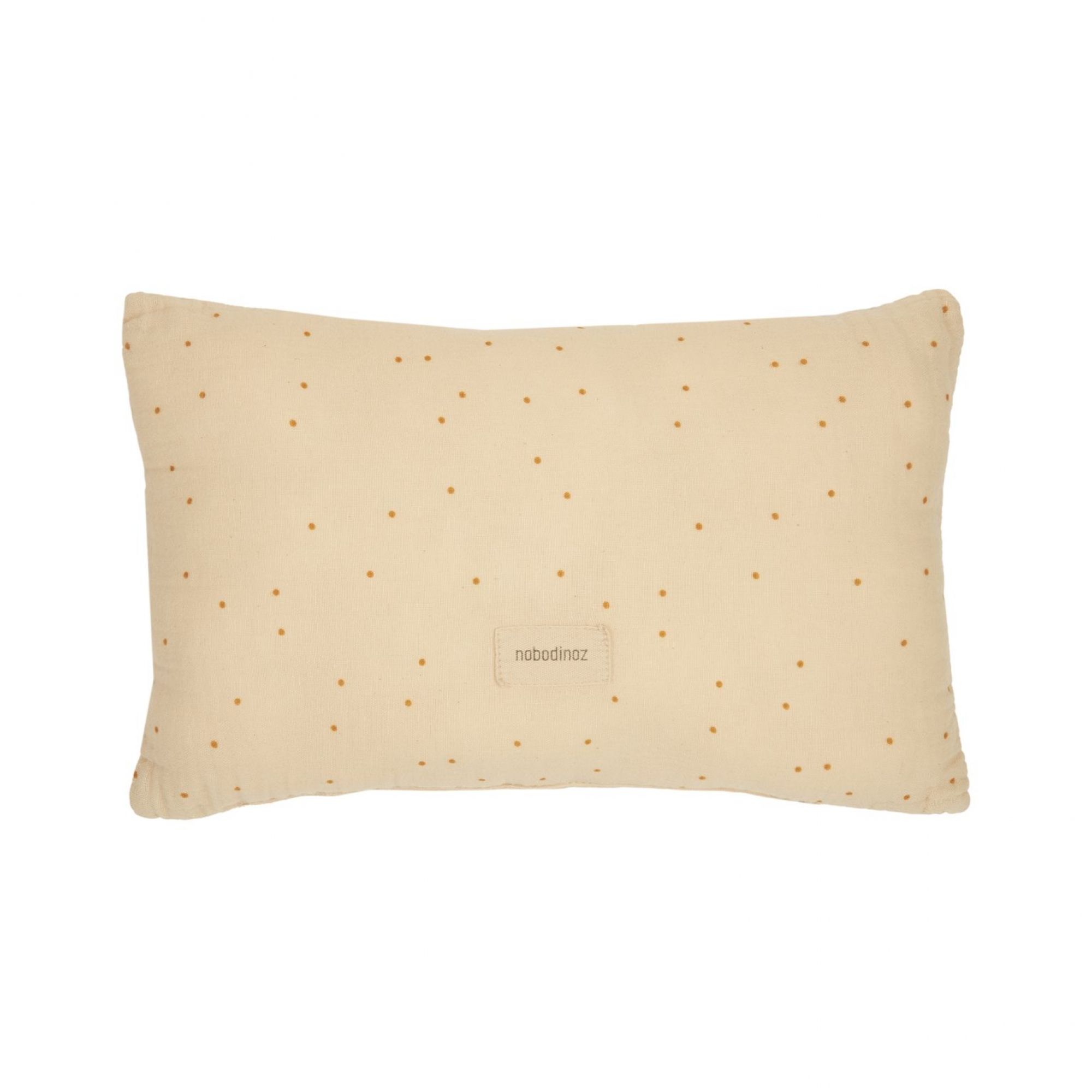 Coussin décoratif bébé Nobodinoz Wabi-Sabi Ginger Sweet Dots en coton bio couleur gingembre avec petits pois, parfait pour la décoration de la chambre de bébé.