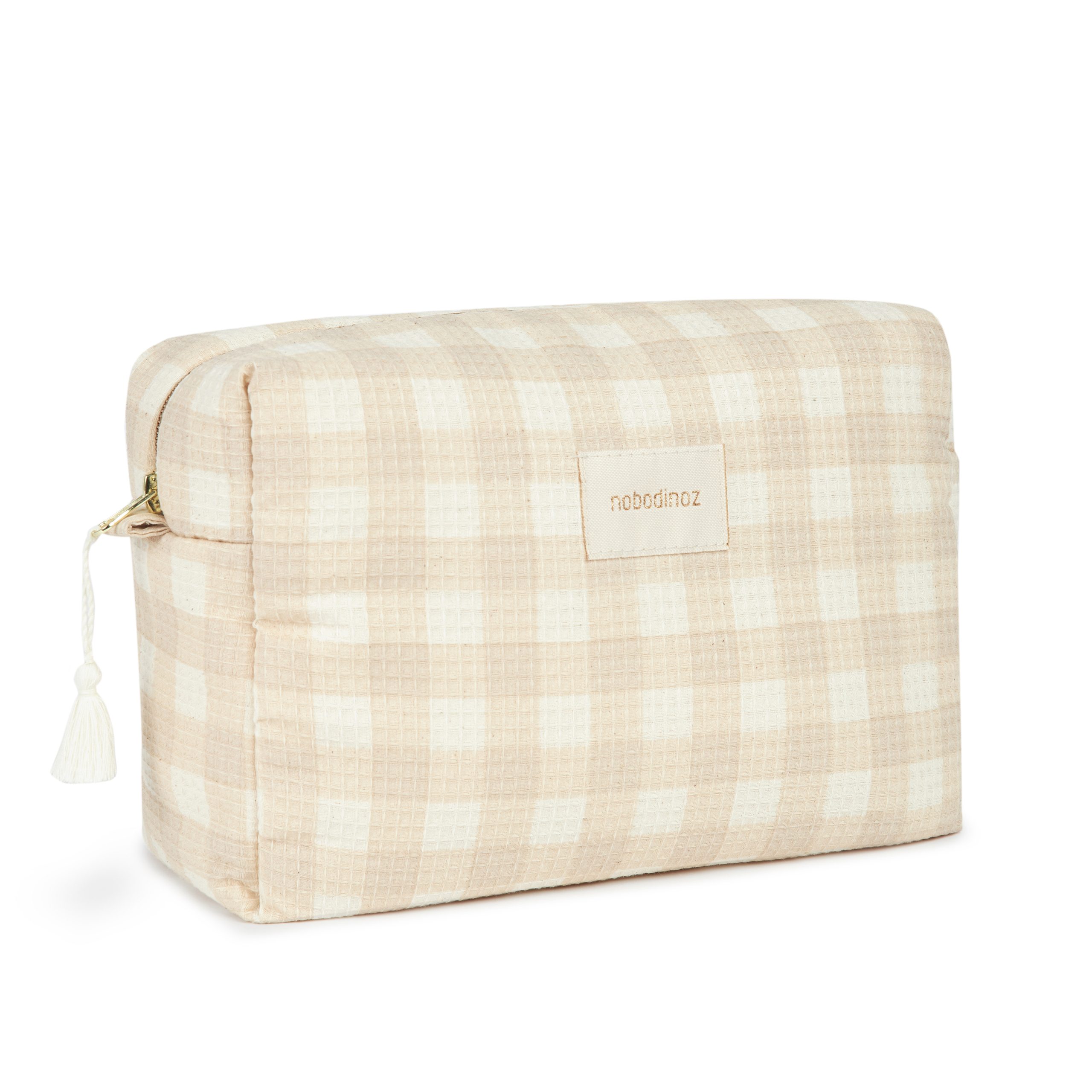 trousse de toilette Nobodinoz bébé coton bio vue de côté motif vichy beige