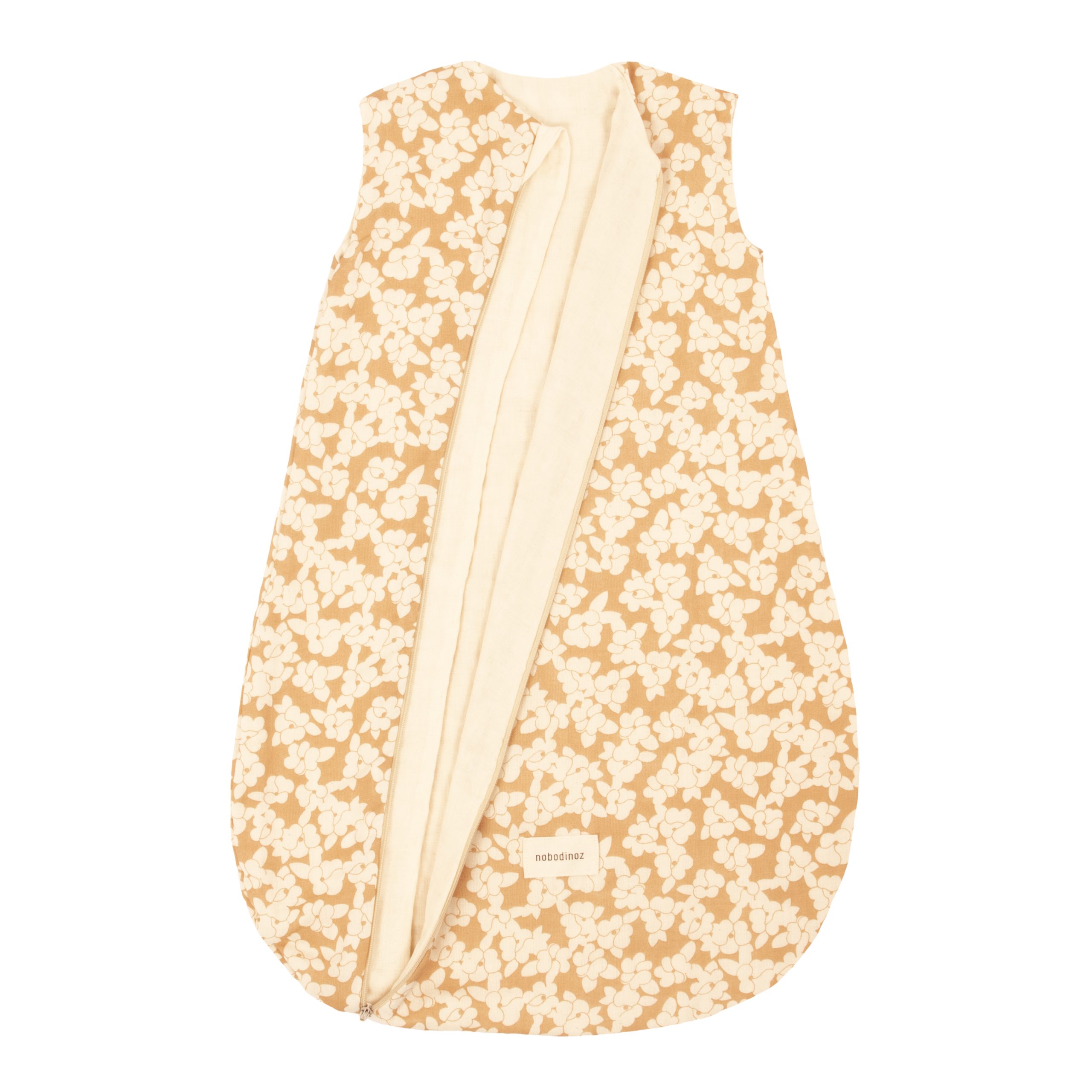 Intérieur doublé en coton bio de la gigoteuse été bébé fleurs Nobodinoz Golden Brown Sakura