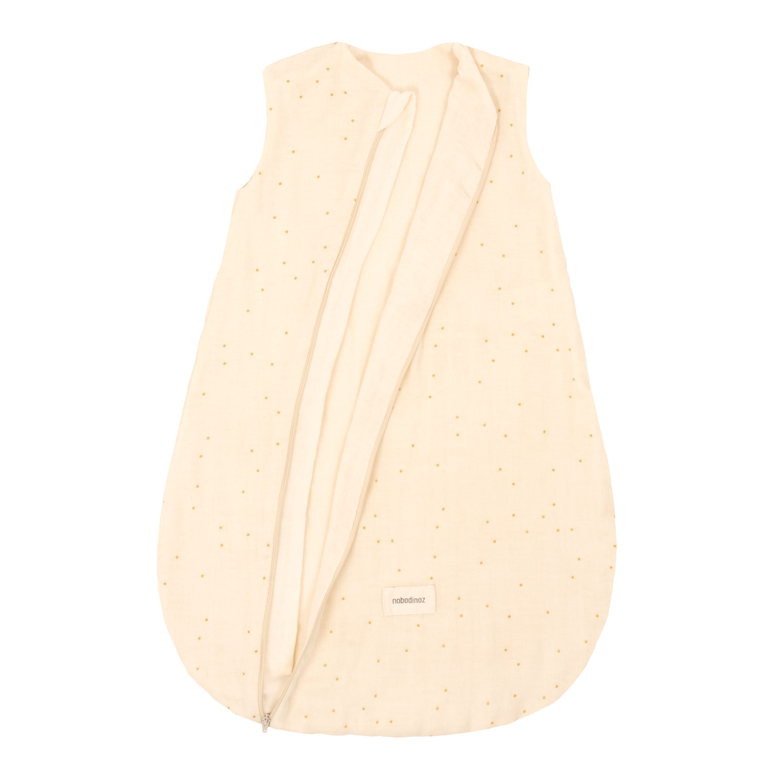 Gigoteuse bébé été Nobodinoz été ouverte, coton bio beige à pois dorés avec fermeture éclair latérale