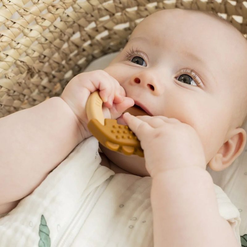 Bébé mâchant un hochet de dentition en silicone, parfait comme cadeau de naissance pratique et apaisant