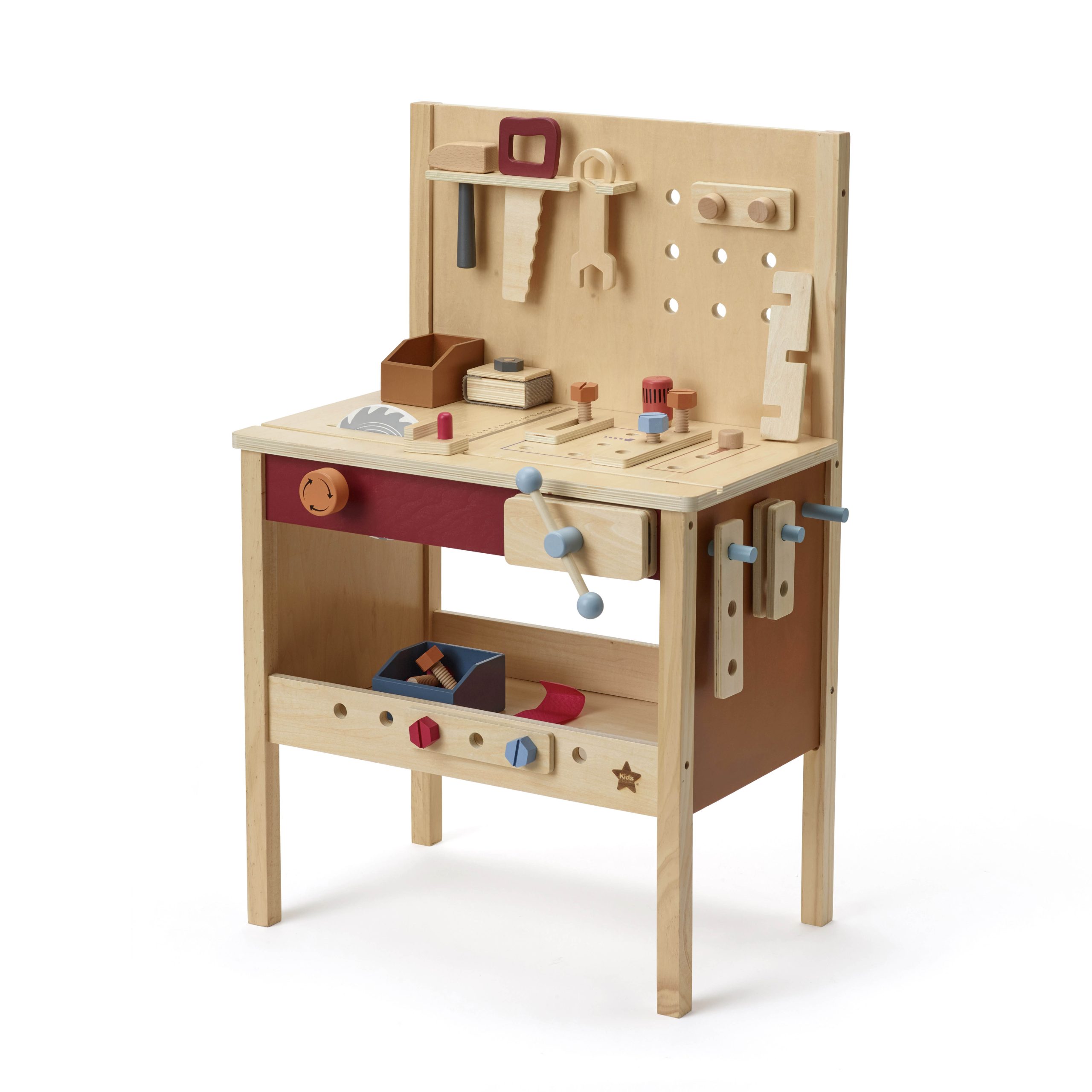 Etabli enfant en bois Kid’s Concept vu en angle avec outils et rangements
