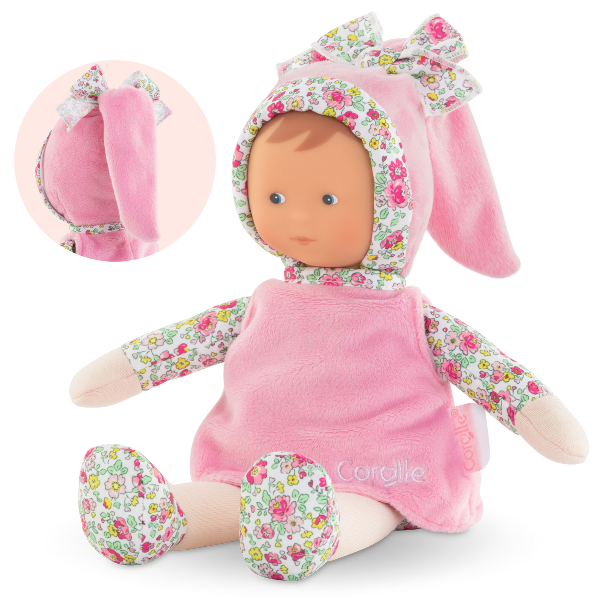Poupée doudou Corolle Miss Rose avec bonnet rose noué et détails fleuris