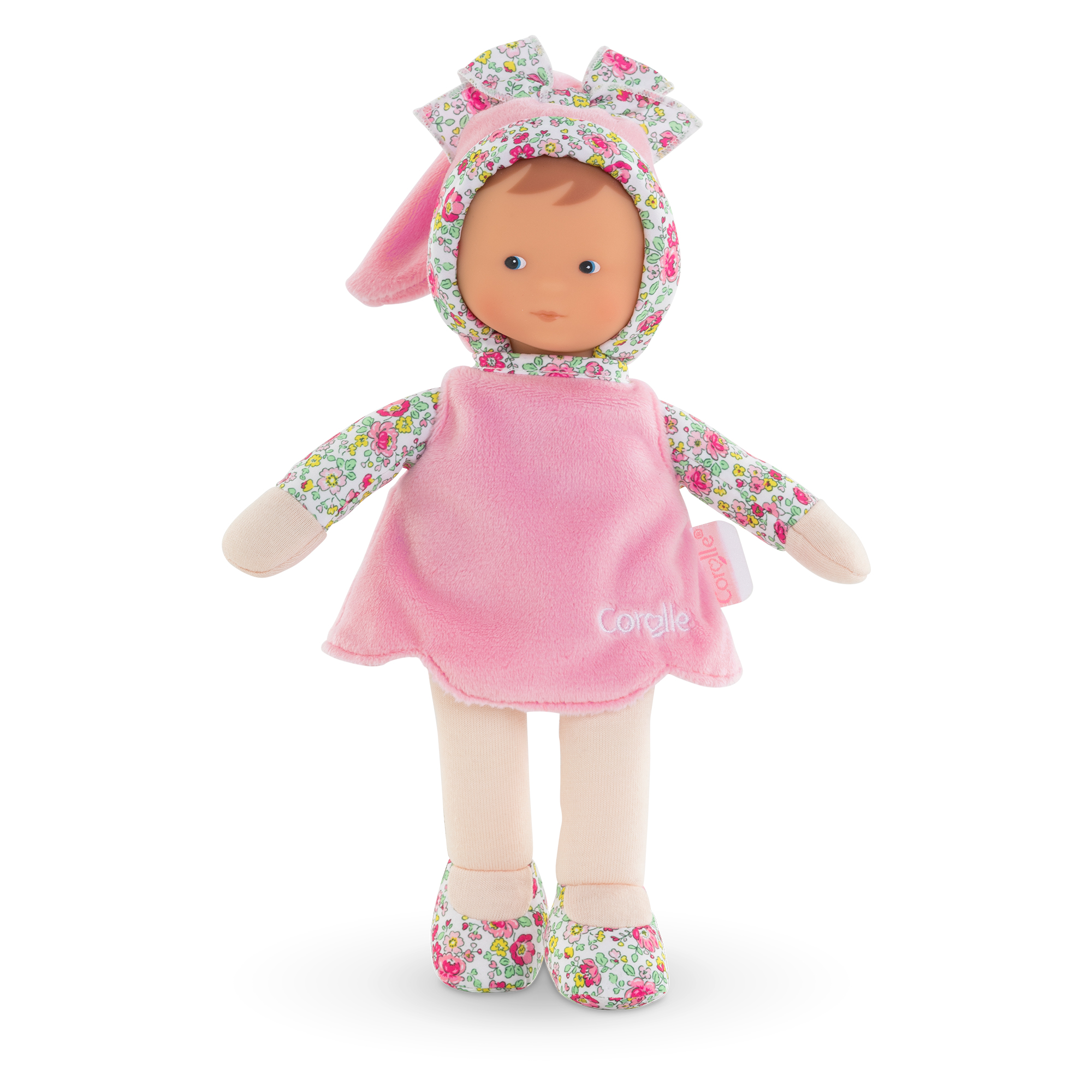 Poupée doudou Corolle Miss Rose Jardin en Fleurs debout avec robe rose et détails fleuris