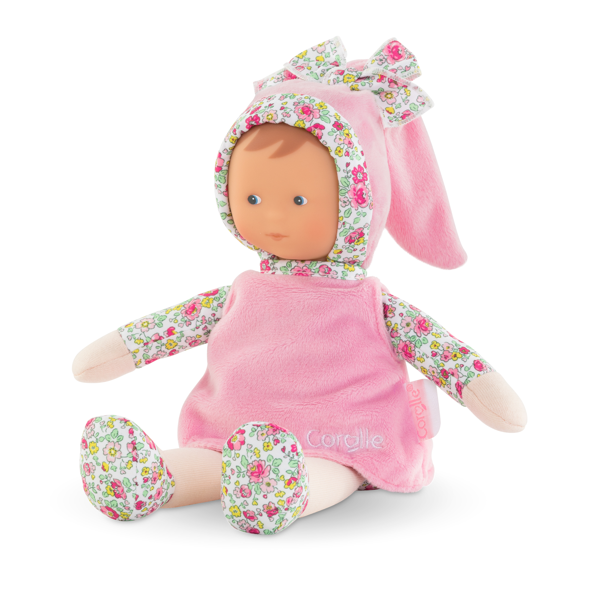 Poupée doudou Corolle Miss Rose assise avec tenue rose et imprimé fleuri
