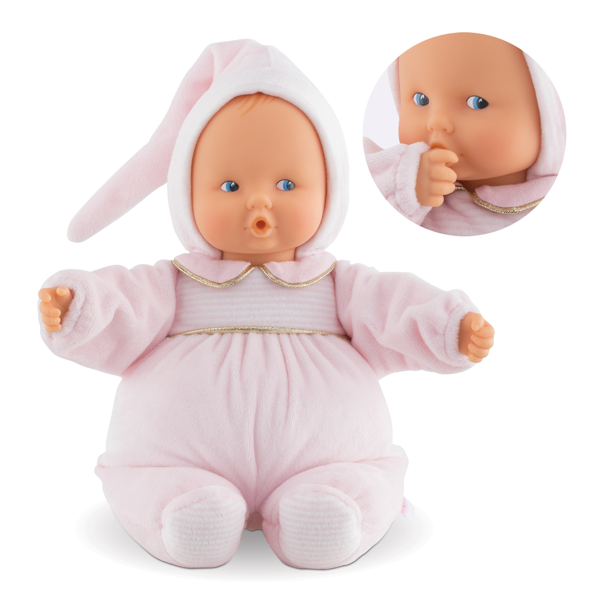 Doudou Corolle Babipouce rose avec bonnet et gros plan du visage vinyle