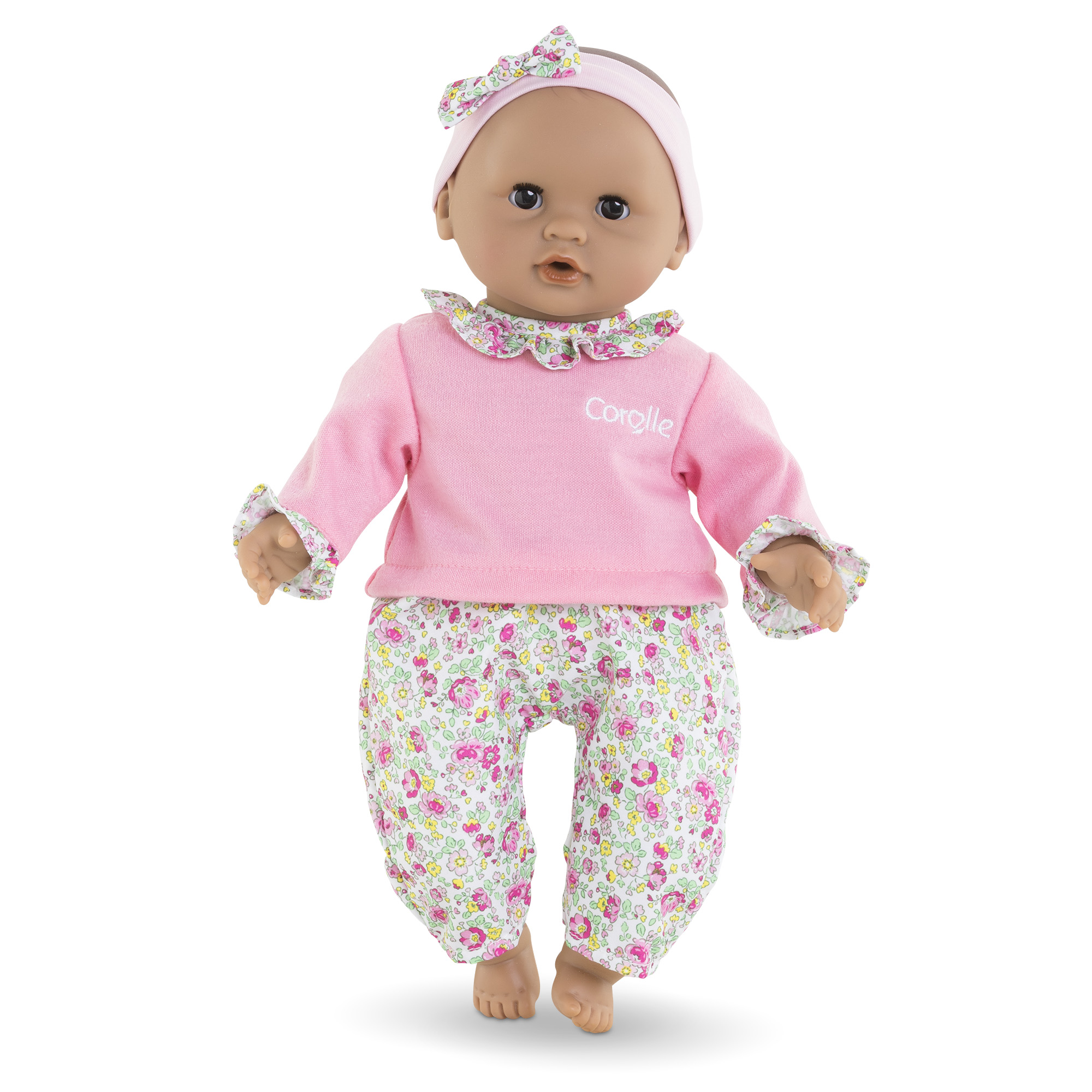 poupon fille Corolle Bébé Calin Maria debout avec haut rose et pantalon fleuri