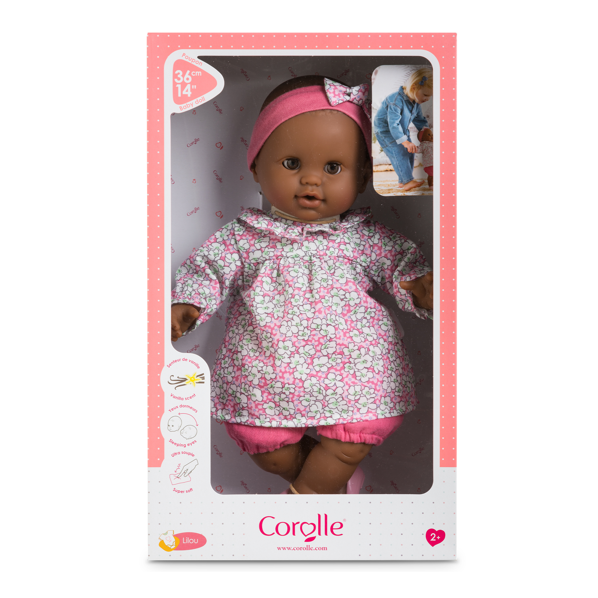 Poupon Corolle Lilou dans sa boîte d’origine Corolle rose à pois.