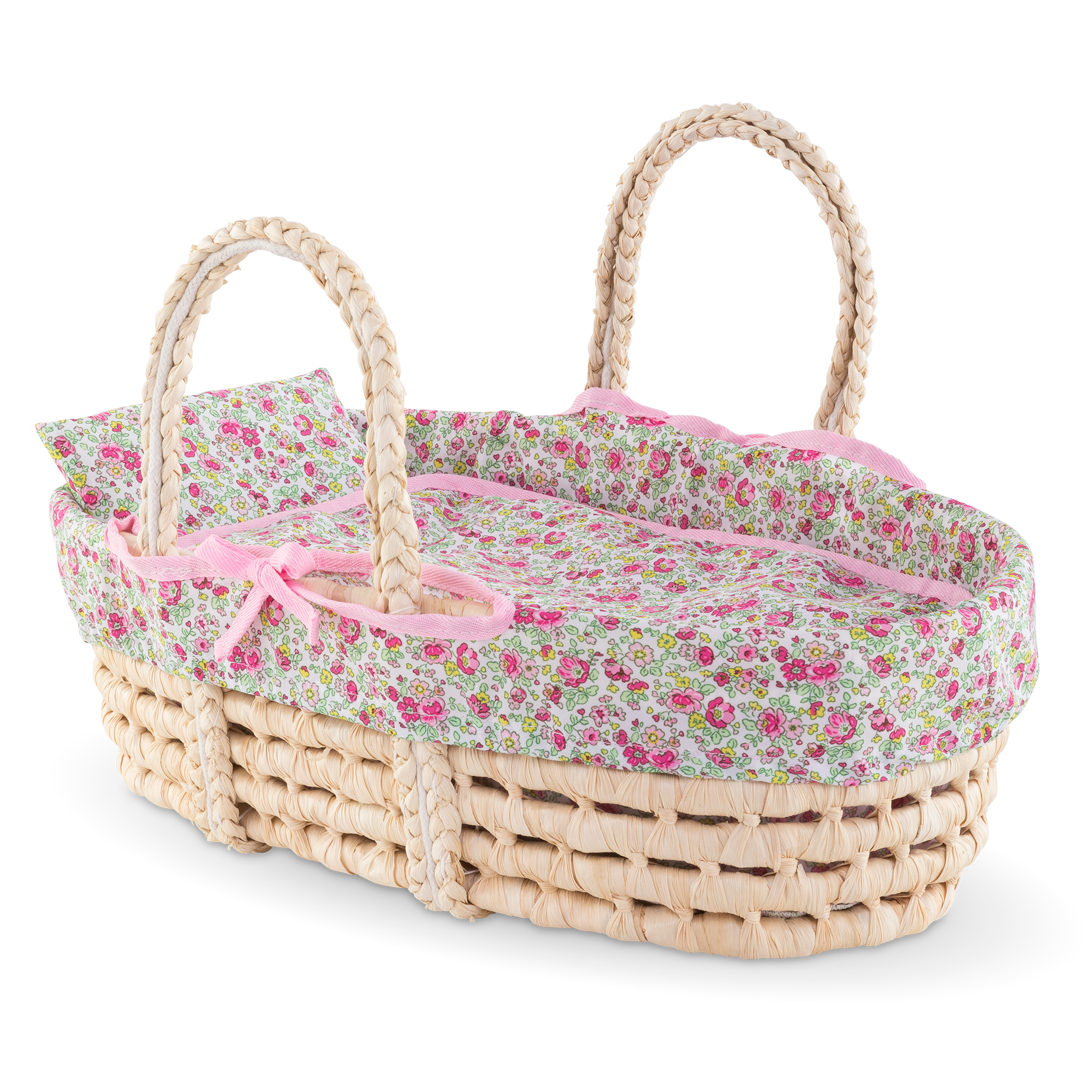 Couffin tressé Corolle avec literie fleurie rose et anses tressées pour poupée. Accessoires pour poupée Corolle.