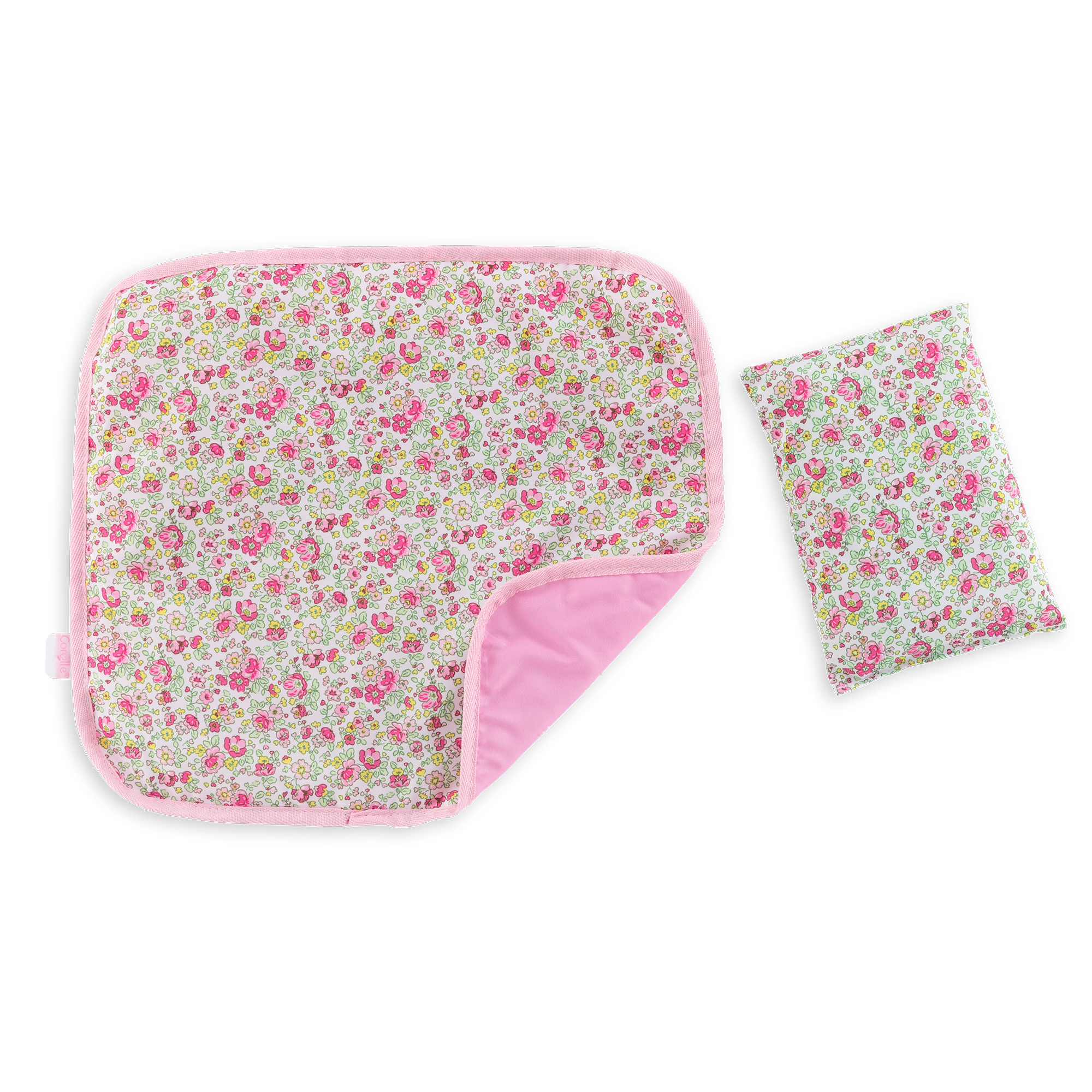 Couverture réversible fleuri et rose avec oreiller pour poupée Corolle
