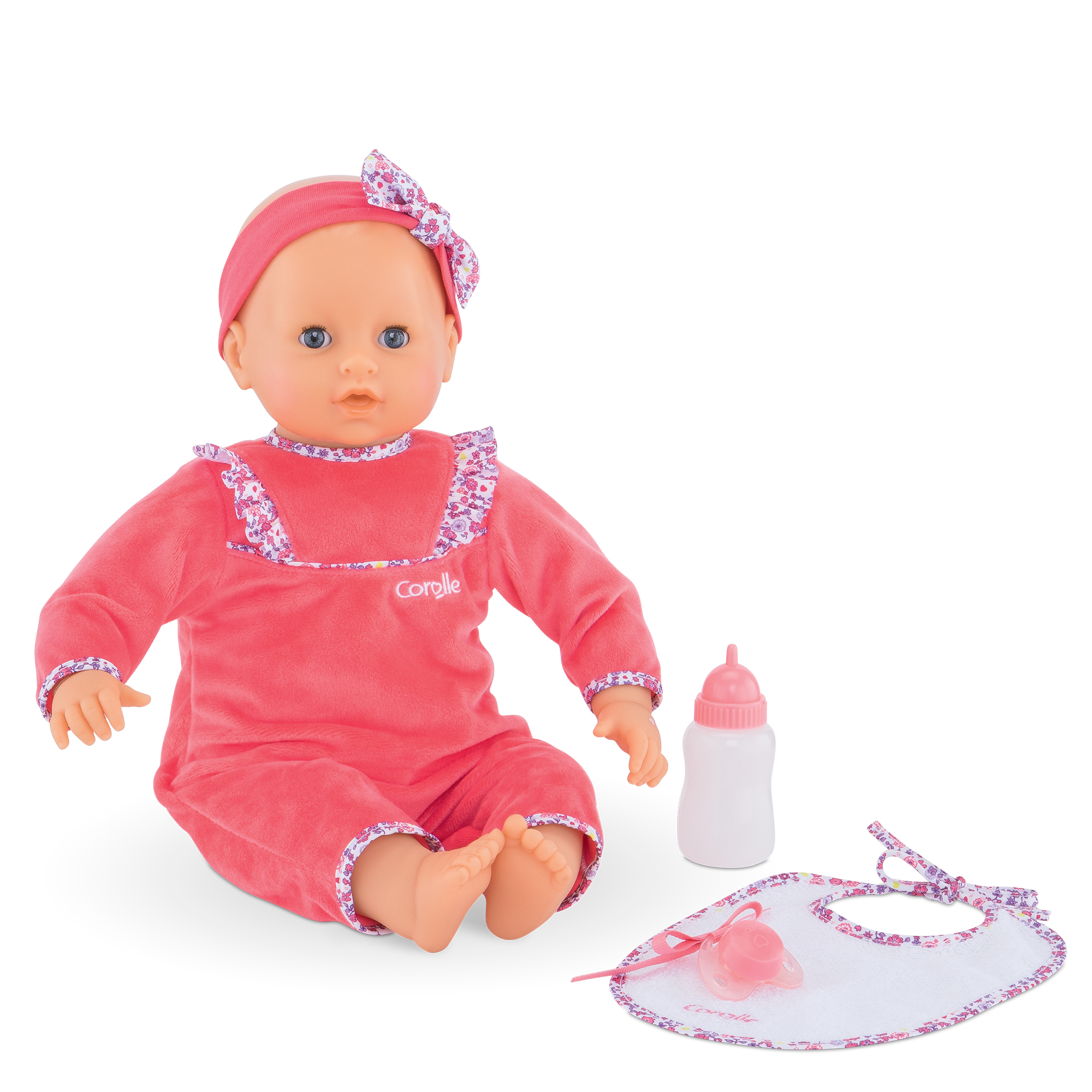 Poupon Corolle Lila Chérie interactif 42 cm avec biberon et bavoir.