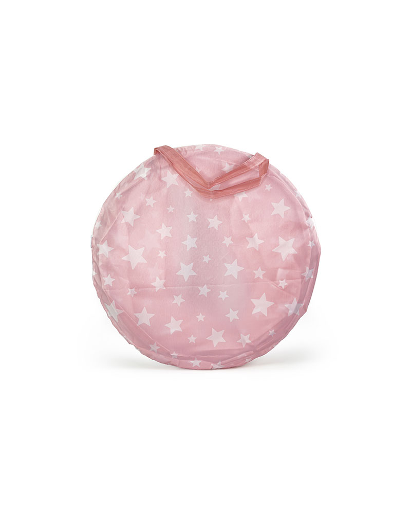 Tunnel de jeu bébé rose étoilé plié dans sa housse de rangement Kid’s Concept