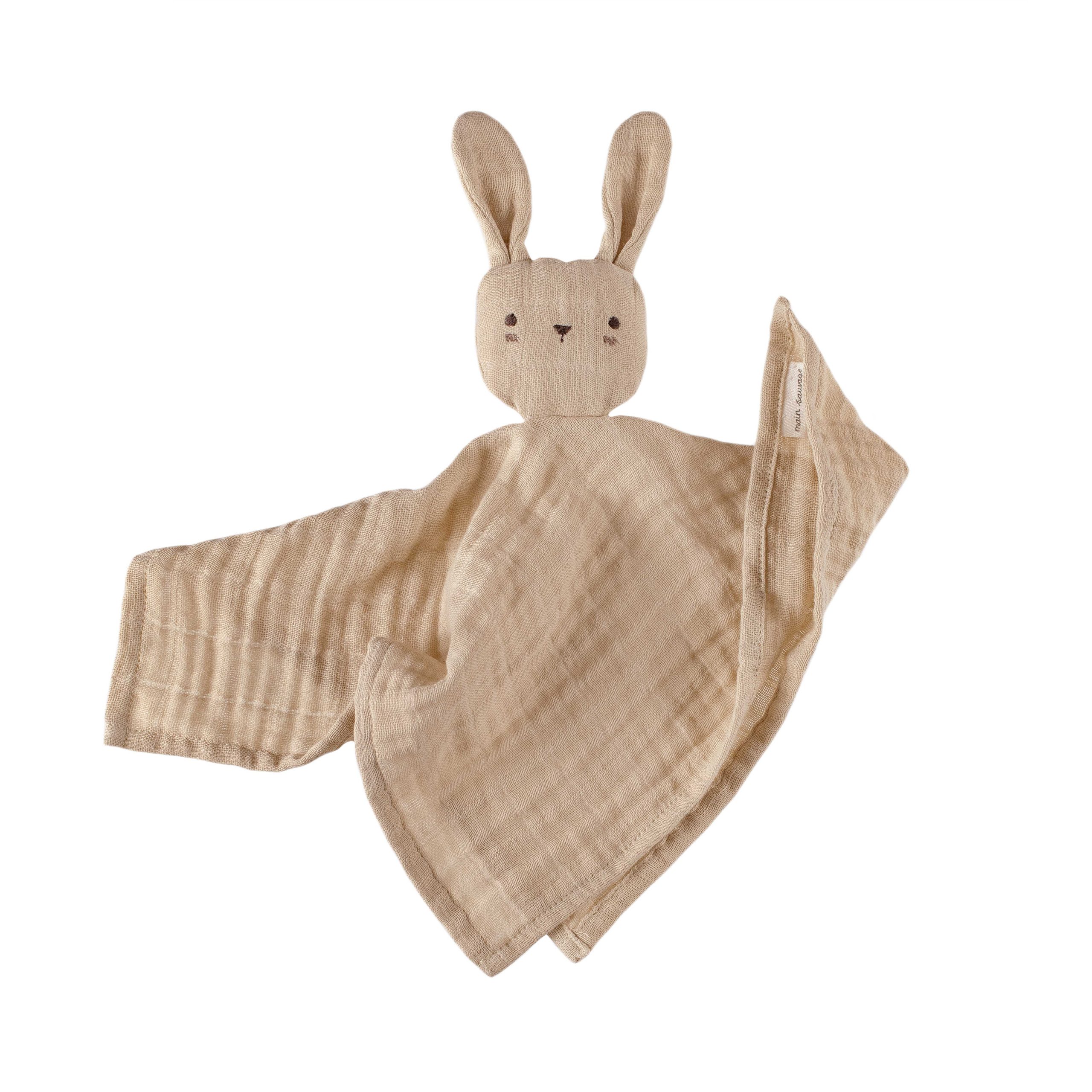 Doudou lange Lapin sable en mousseline de coton – Main Sauvage – certifié OEKO TEX – dès la naissance