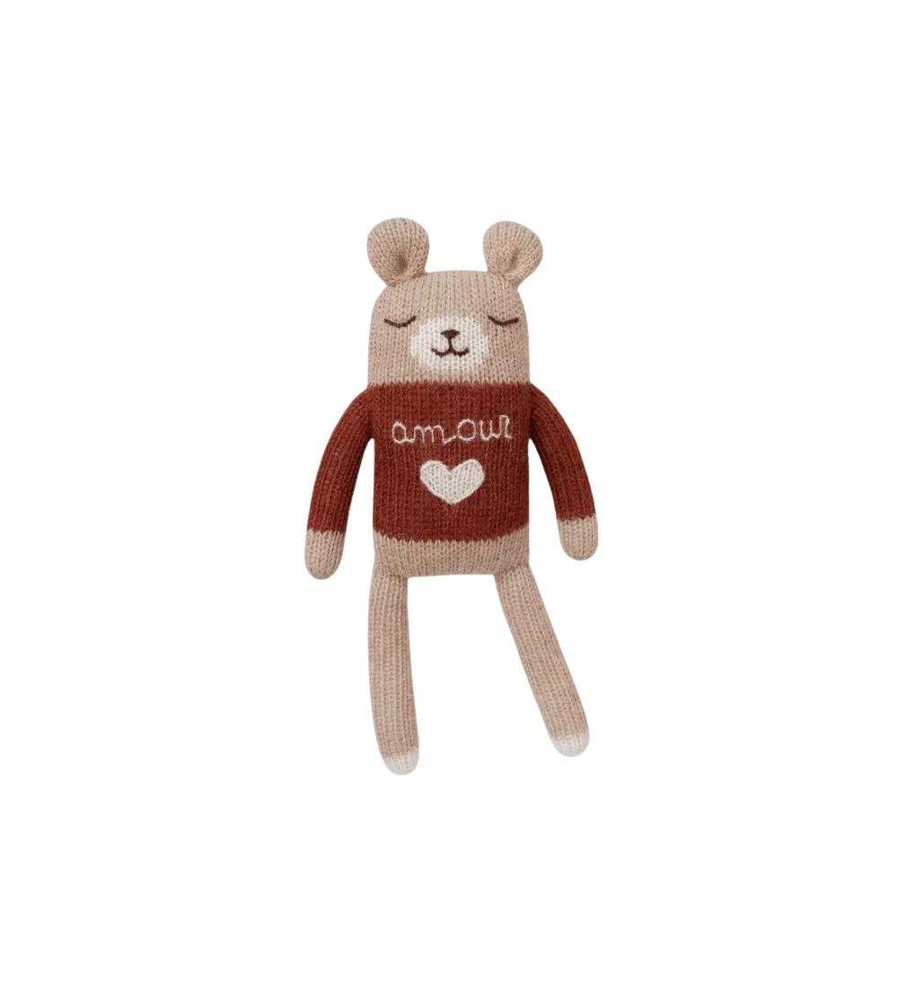 Doudou Ourson Amour tricoté main en laine d’alpaga – Main Sauvage – dès la naissance
